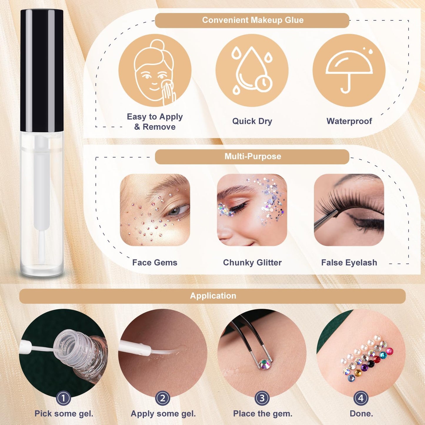 Colorful Face Gems for Makeup Set, Flatback Gorgeous Charming AB Glass Gems with Picker Pencil, Makeup Glue, Tweezer for Eye Body Hair Make-up and Nail Art Deco