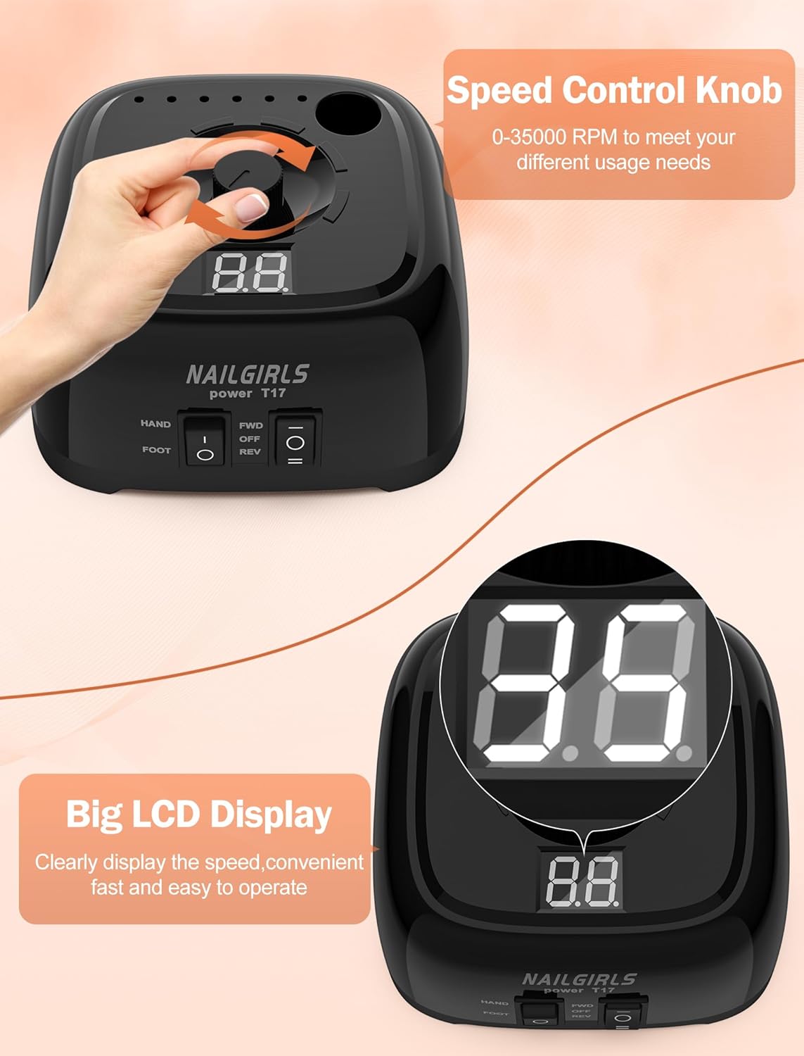 NAILGIRLS Nail Drill，35000RPM Professional Nail Drill Machine with Speed Display，Electric Nail File Set for Acrylic Nails Gel Nails, Polishing Shaping (Black)