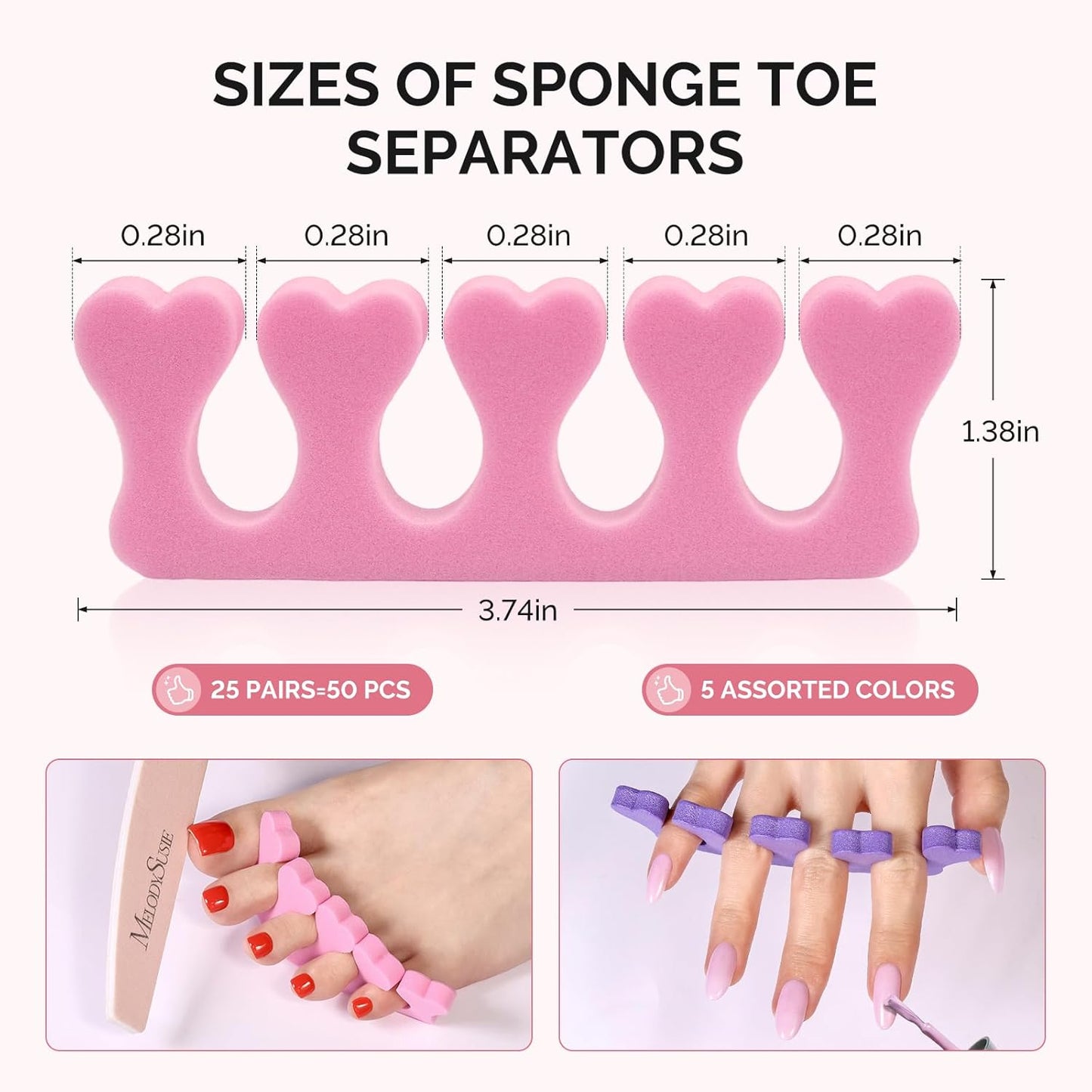 MelodySusie 50 Pcs Sponge Toe Separators Set, Soft & Premium Finger, Toe Spacers for Nail Polish, Manicure, Pedicure Home DIY Salon, Gift for Women Men, 5 Colors