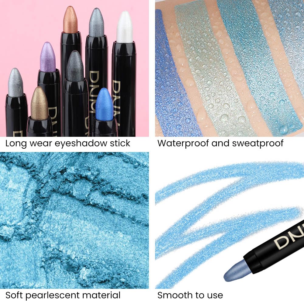 Kaely 4Pcs Metallic Shimmer Eye Shadow Sticks Set, Sky Blue Dazzling Blue Greenish Cyan Royal Blue, Eyeliner Pencil Eyeshadow Palette Halloween Makeup, Eye Highlighter Brightener Stick for Women