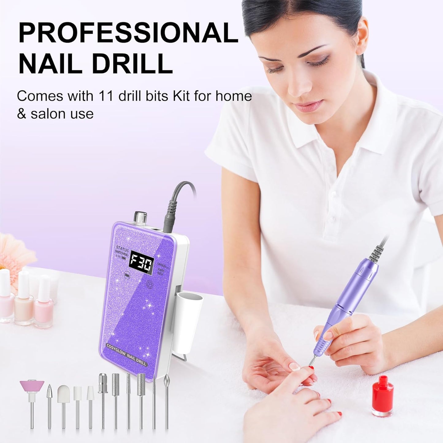 Professional Electric Nail Drill File:COSYGLOW Glitter Portable Cordless E-File Nail Drill Kit with 11 Drill Bits,30000 RPM Rechargeable Nail Drills Machine for Acrylic Nails Gel Polishing(Purple)
