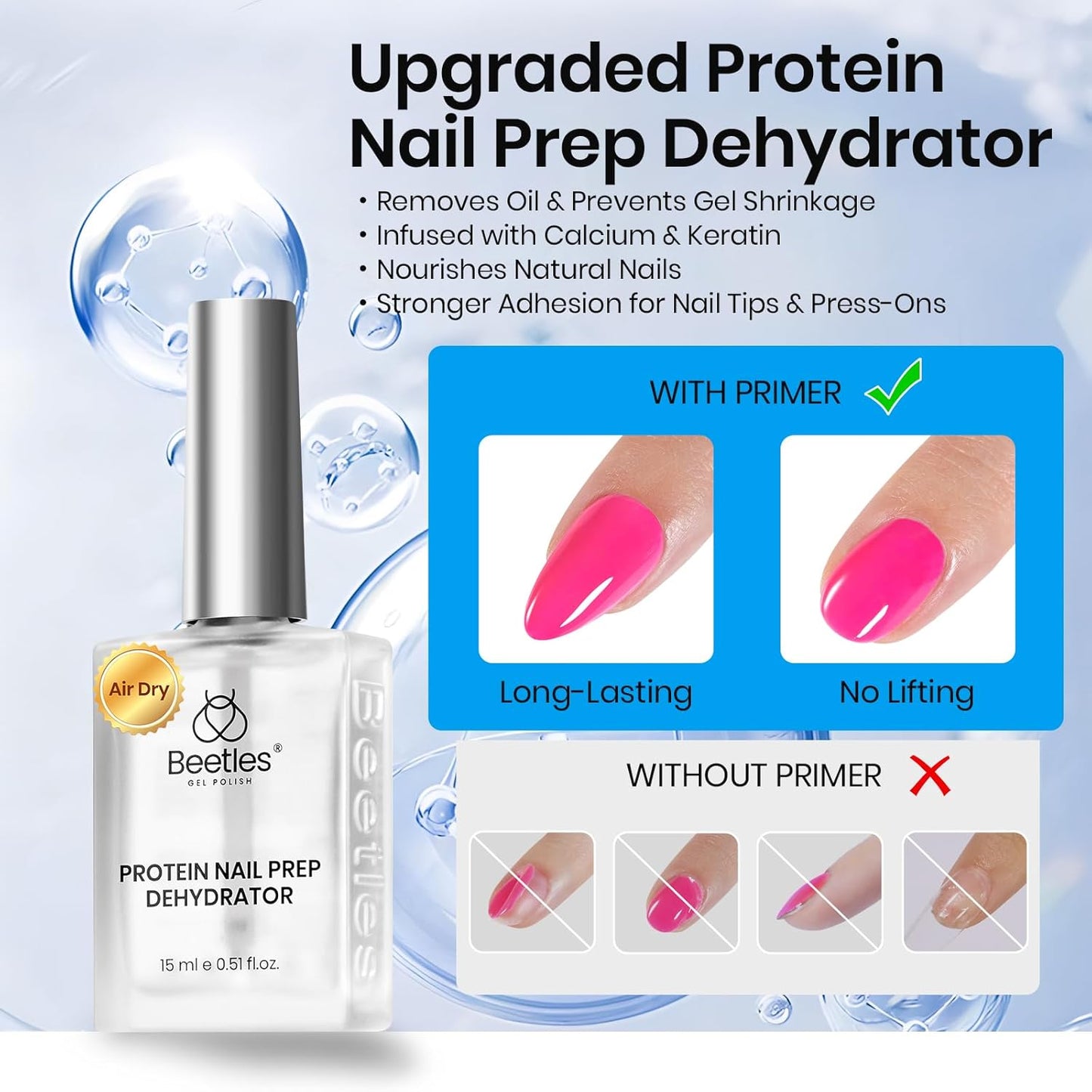 Beetles Nail Dehydrator 15ml Protein Prep for Gel Nail Polish, Upgraded Formula 2 in 1 Nail Bond Air Dry, No Lifting, HEMA Free & Acid Free for False Nail Tips Acrylic & U V Gel Gifts for Wom