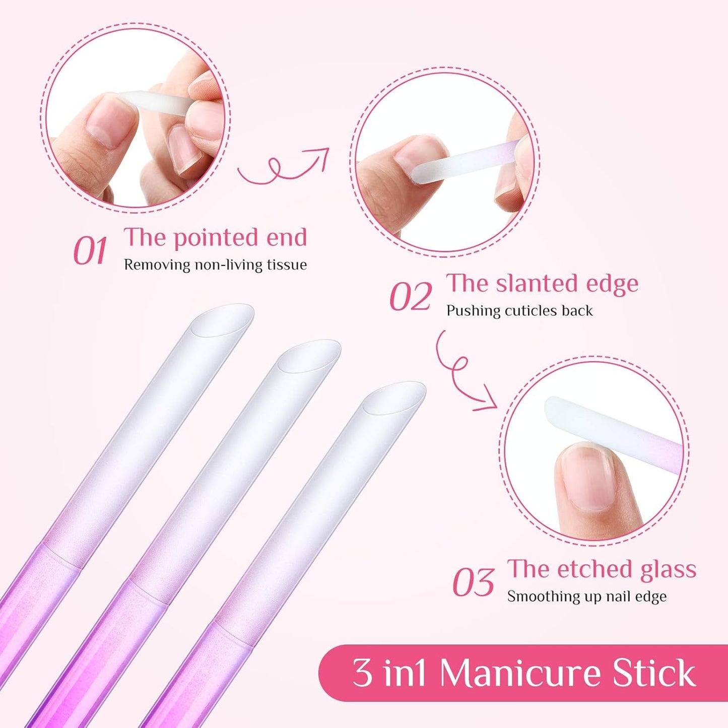 Maitys 6 Pieces Glass Cuticle Pusher Glass Cuticle Stick Set Double Sided Crystal Nail Files Precision Manicure Pedicure Pusher Tools(Pink)