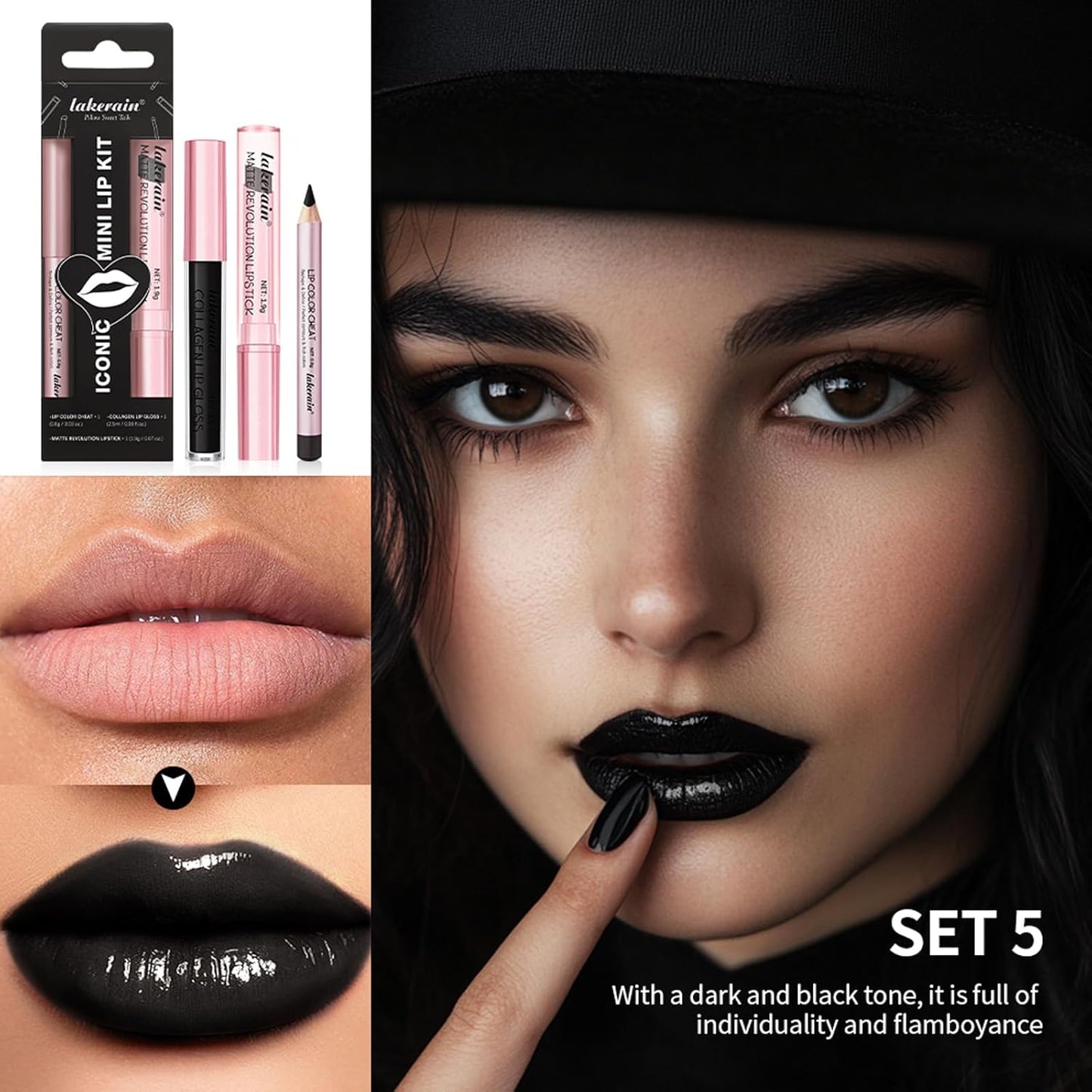 3PCS Black Lip Liner and Lipstick Set – Bold Matte Lipstick, Precision Liner & High-Shine Gloss for Gothic, Halloween, Cosplay & Editorial Looks – Long-Lasting, Smudge-Proof Lip Makeup Kit (Black)