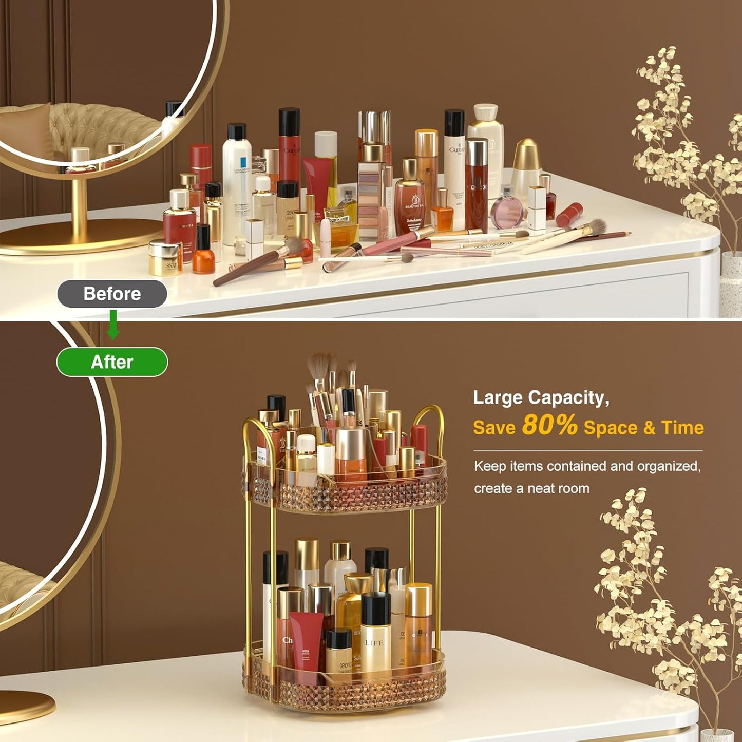 Awenia Rotating Makeup Organizer 360, Stackable Adjustable Large Capacity Cosmetic Storage Unit,Dresser Bathroom Kitchen Countertop Organizer with Metal Handle, Plus Size (Honorable Gold, 2 Tier)