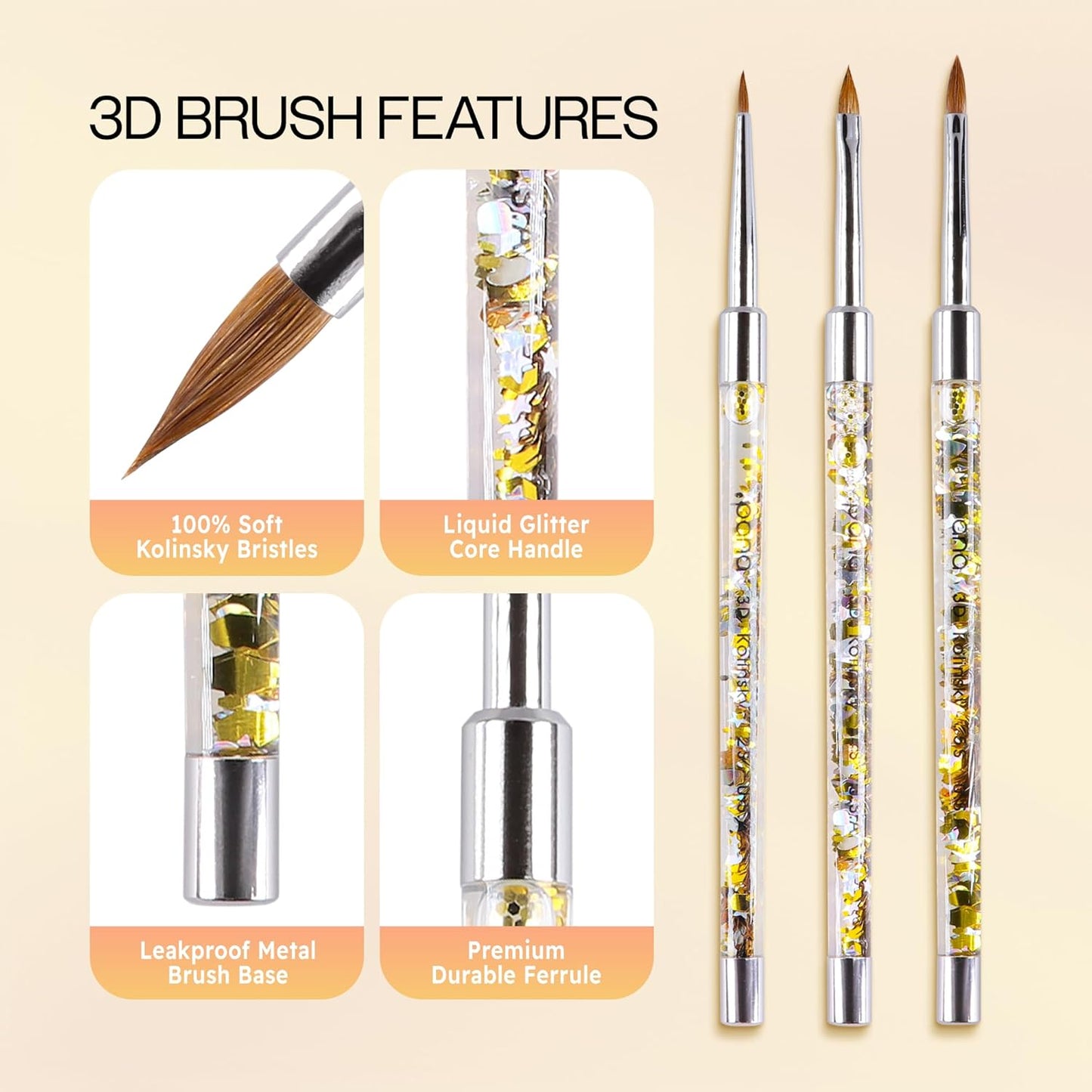 PANA Kolinsky 3D Acrylic Nail Brushes with Liquid Glitter Handle - For Professional Acrylic Powder Liquid Manicure Pedicure (Gold Color, Size #5)