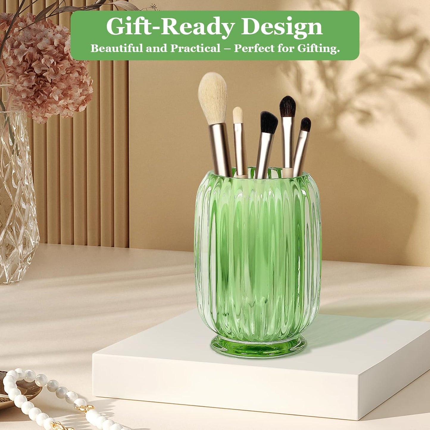 Makeup Brush Holder, Thick Glass Makeup Brush Organizer Cup, 4.8" Tall for Vanity Hair Brush Holder Brushes Storage, Makeup Brush Holder Organizer organizador de brochas de maquillaje Crystal Green