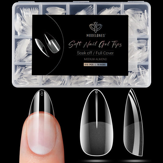 Modelones Almond Fake Nail Tips -510Pcs Medium Soft Gel Nail Tips Almond Shape Pre Etched Half Matte Full Cover Clear Acrylic Gel Kit False Press on for Extension Manicure Salon DIY at Home 15 Sizes