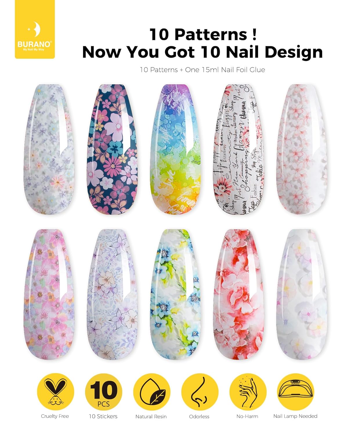 BURANO Nail Art Nail Foil Glue Gel, o.5 oz with 10PCS Foil Stickers Set Nail Foil Glue for Nails Foil Transfer Gel, Nail Design DIY UV LED Lamp Required (Flower Foil 11)