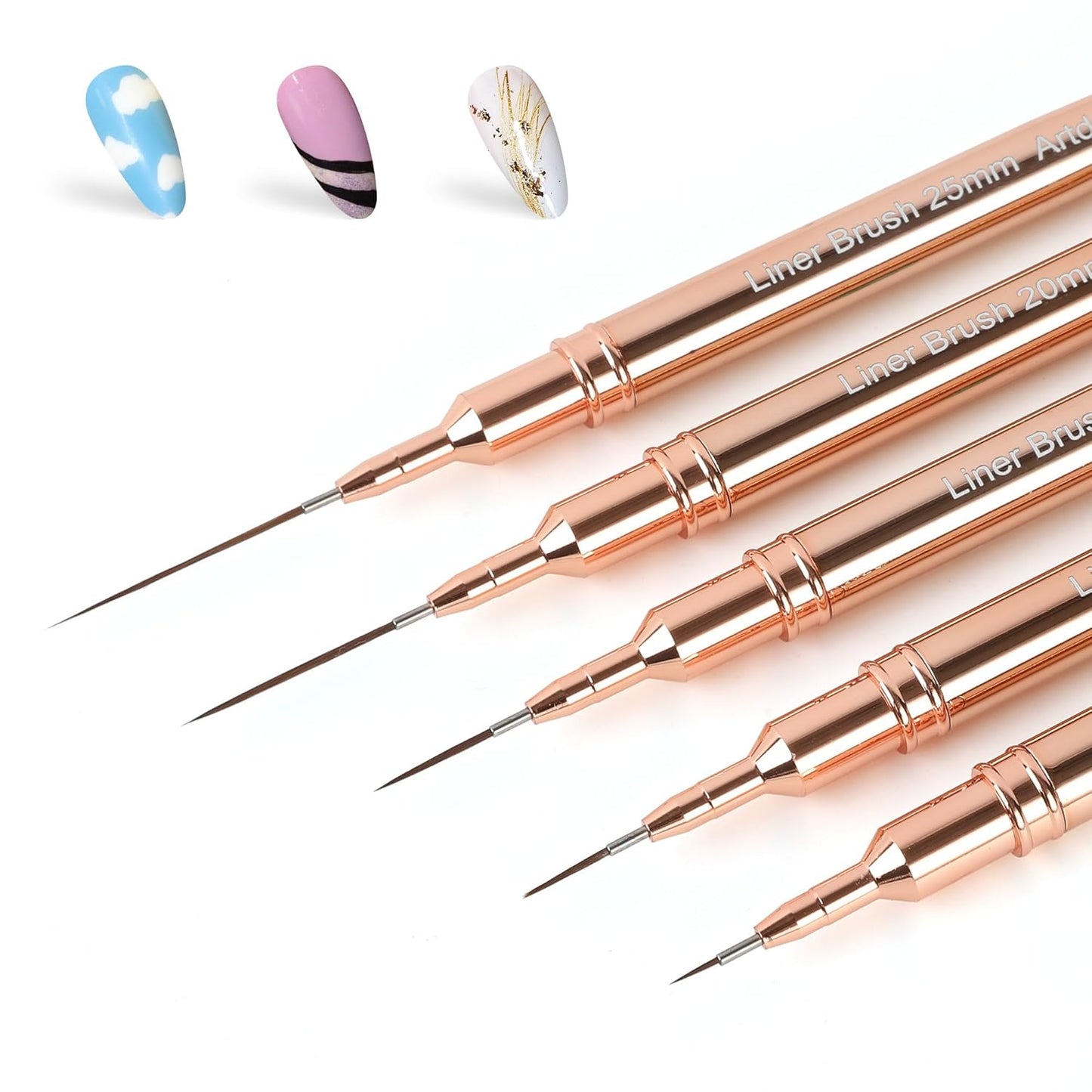 Artdone Metallic Nail Art Pens, Liner Brushes Set, 5PCS Copper Color Nail Tools For Long Lines, Thin Details, Fine Drawing, Liner Brush UV Gel Polish Painting Nail Design Sizes 5/8/12/20/25mm