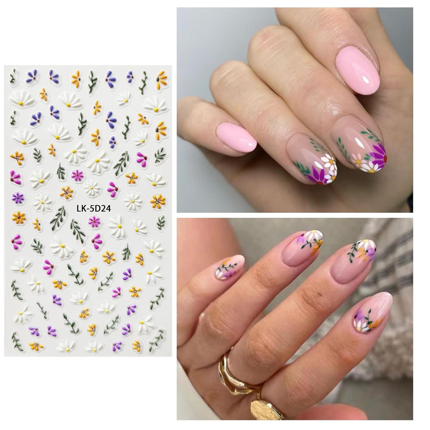Flower Nail Art Stickers 5D Embossed Flower Nail Decals Spring Summer Pink Flowers Nails Design 3D Self-Adhesive Accessories for Women Nails DIY Decoration(6 Sheets)