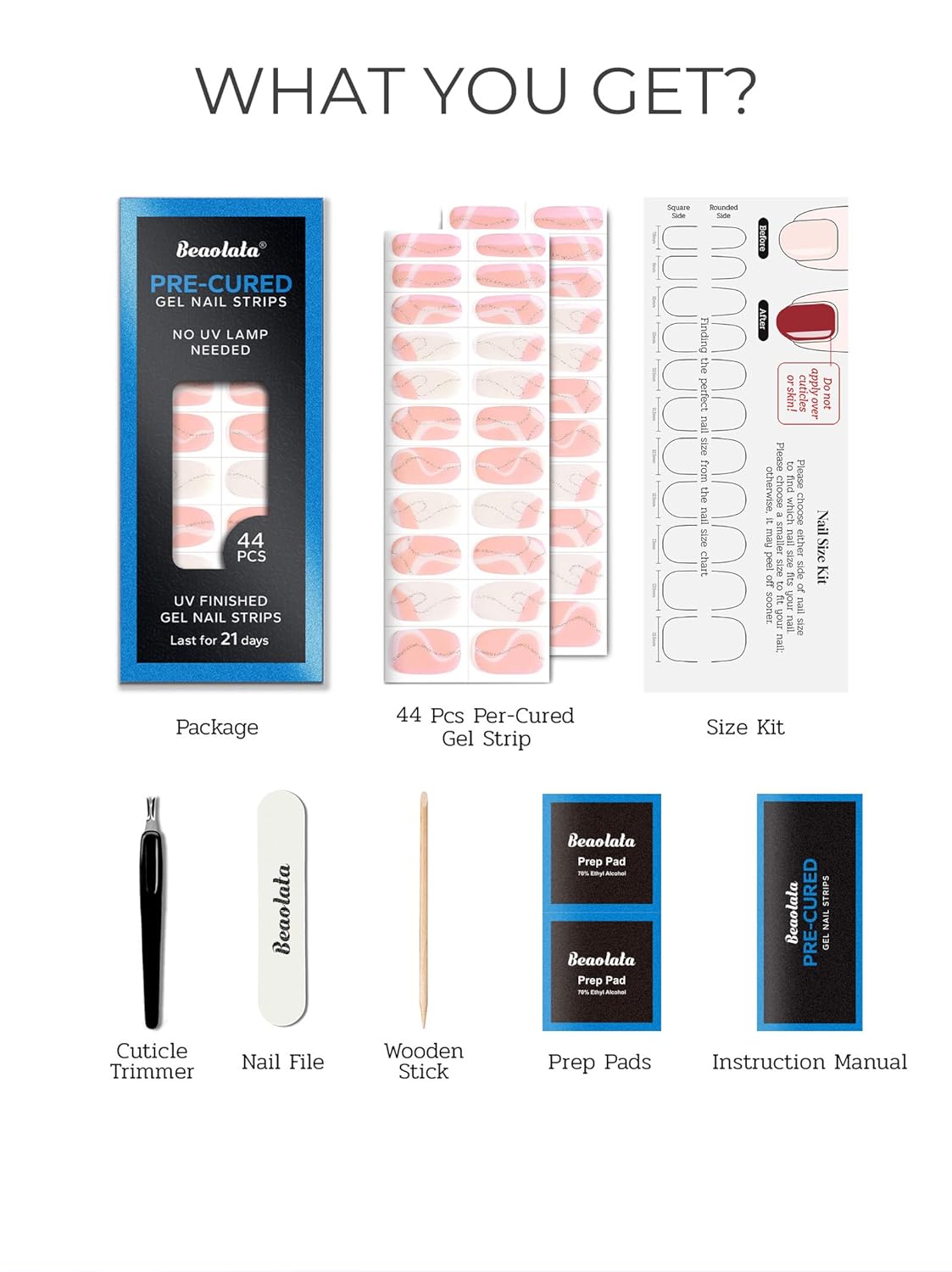 Pre Cured Gel Nail Strips - 44PCS Salon Quality Gel Nail Stickers - Long Lasting Polish Wraps for Women no UV Light Needed Easy Apply& Remove (Marble Pink)