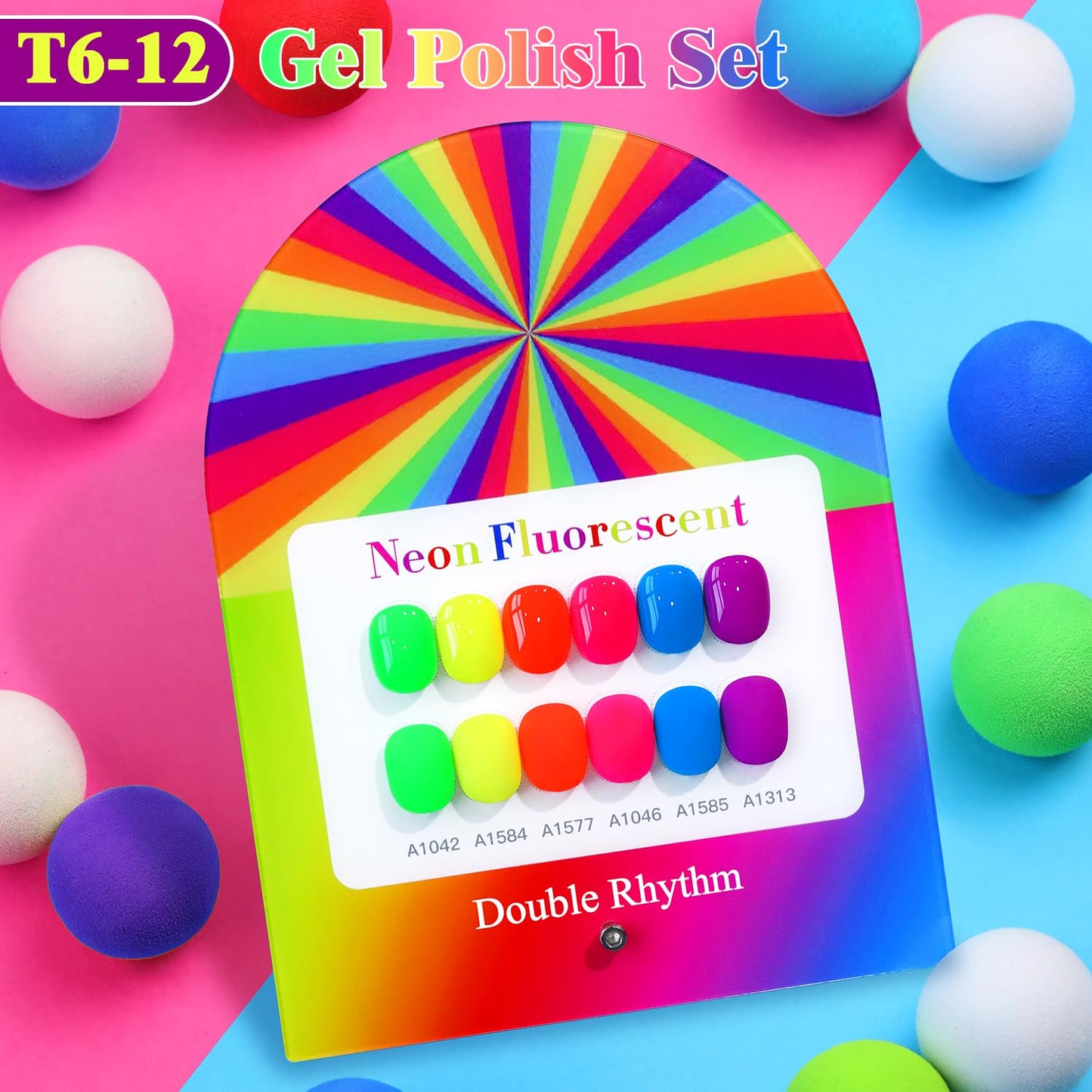 Double Rhythm 6 Pcs 15 ML Gel Polish Set Same Color Same Bottle Soak Off Gel Polish Kit Nail Art Manicure Salon DIY at Home for Women (Neon Green Red Pink Blue Purple-T6-12)