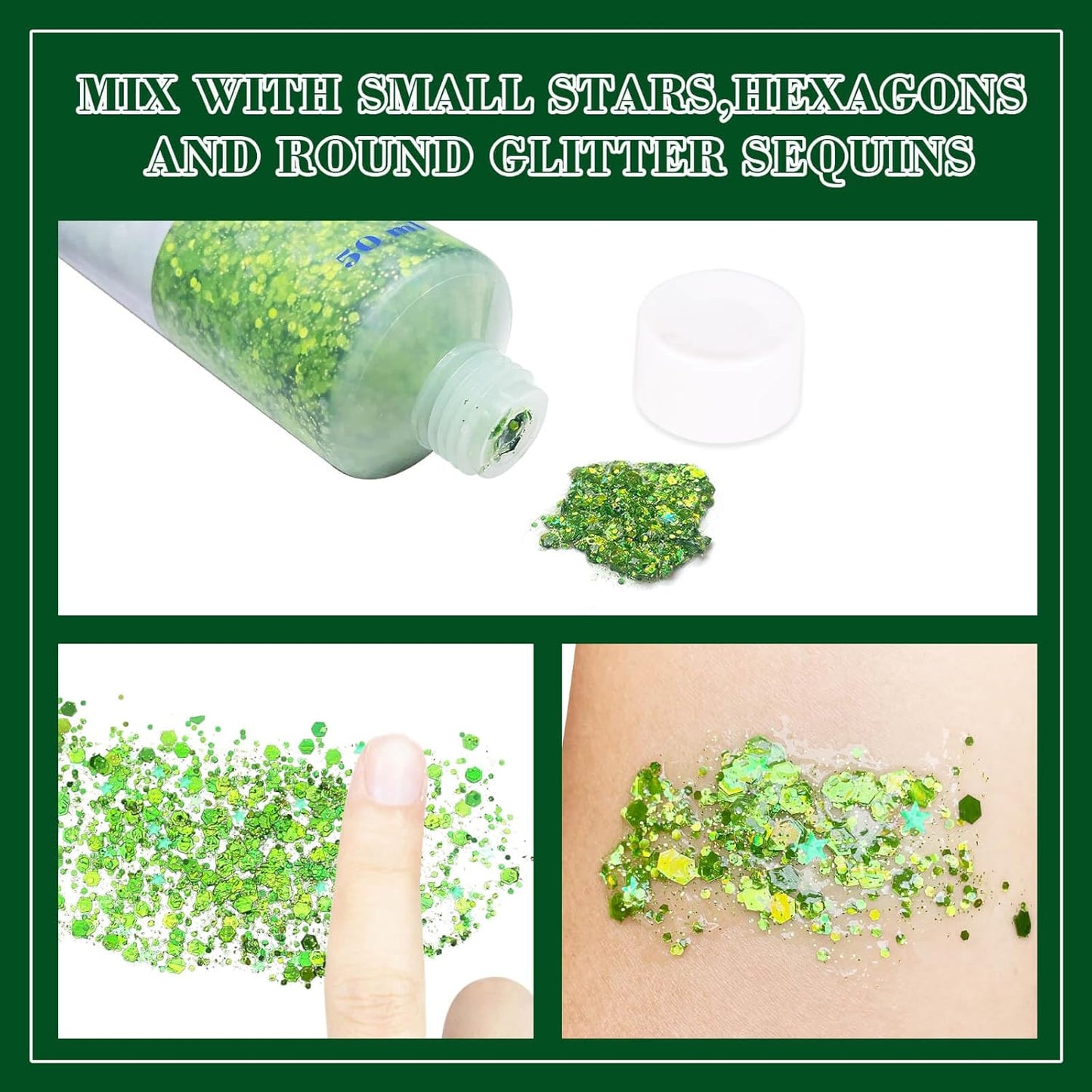 MEICOLY St Patricks Day Accessories,St Patricks Day Outfits for Women,Lime Green Face Glitter,Light Green Body Glitter,Glitter Face Paint for Party Festival,Chunky Glitter Makeup for Face/Body/Hair