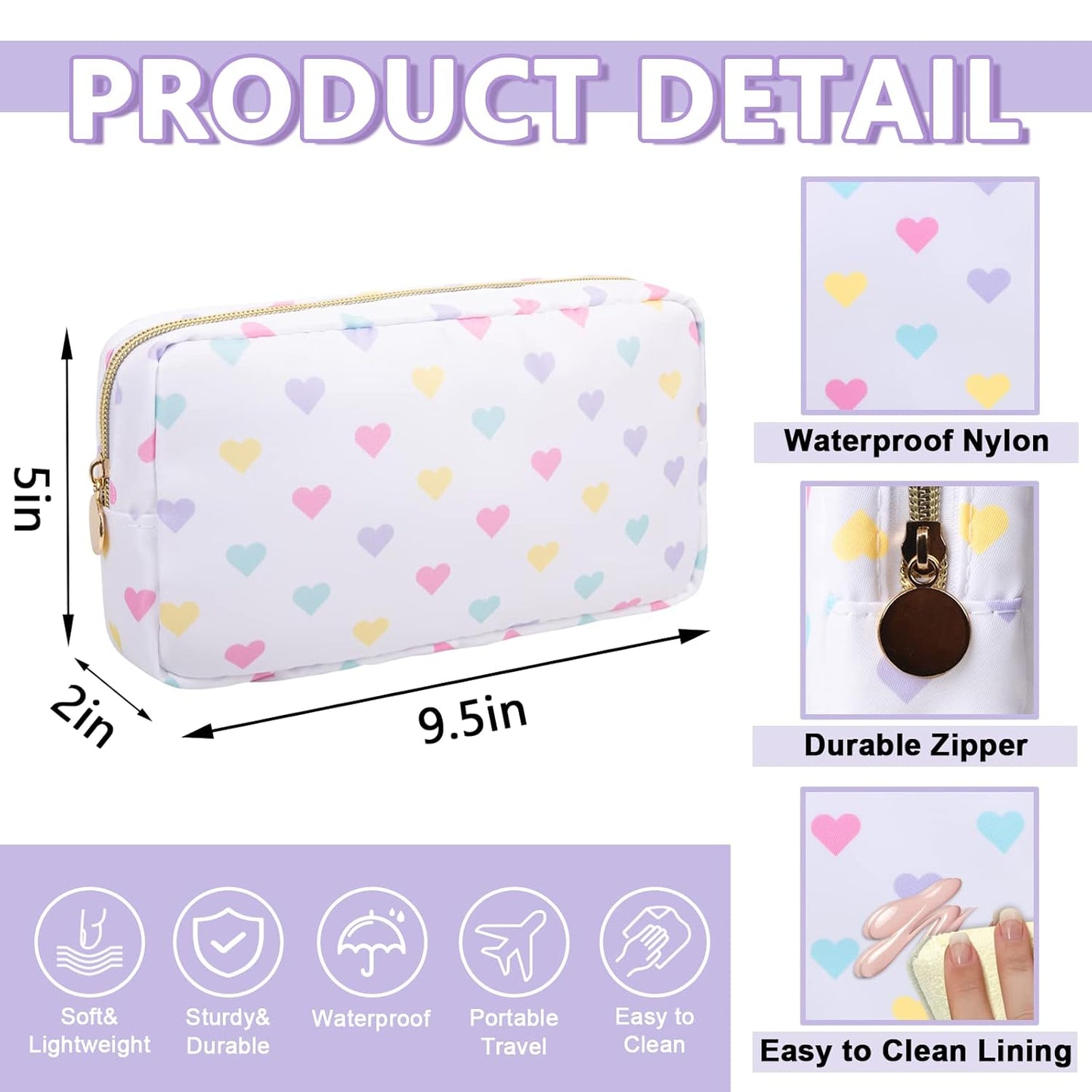 Small Makeup Bag Pouch for Purse，Nylon Travel Toiletry Storage Bag Cute Makeup Organizer Bag for Women Girls，Preppy Waterproof Cosmetic Bag Pouch Skincare Bag Purse with Zipper (Small-White Heart)