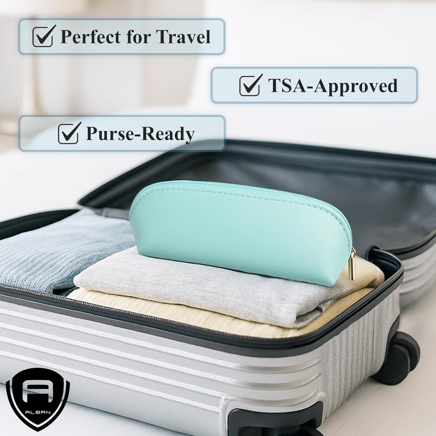 Alban Czech Glass Nail File Set with Manicure Stick & Vegan Leather Cosmetic Case (Royal Blue & Purple Nail Files, Royal Manicure Stick & Light Blue Cosmetic Case)