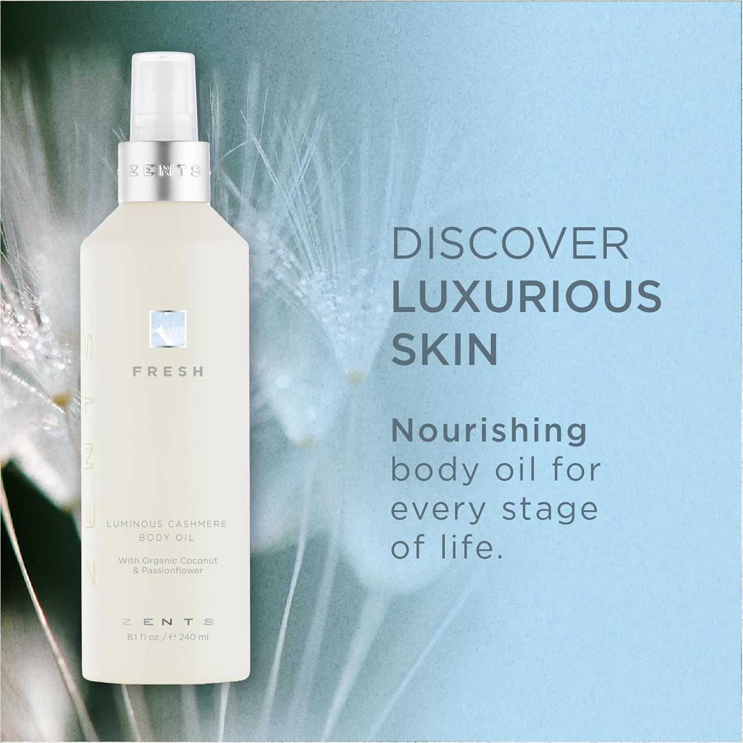 Zents Luminous Cashmere Body Oil (Fresh Fragrance) | Moisturizing Body Oil with Vitamin E & Organic Coconut Oil | Softens & Smooths Skin | 8 fl oz