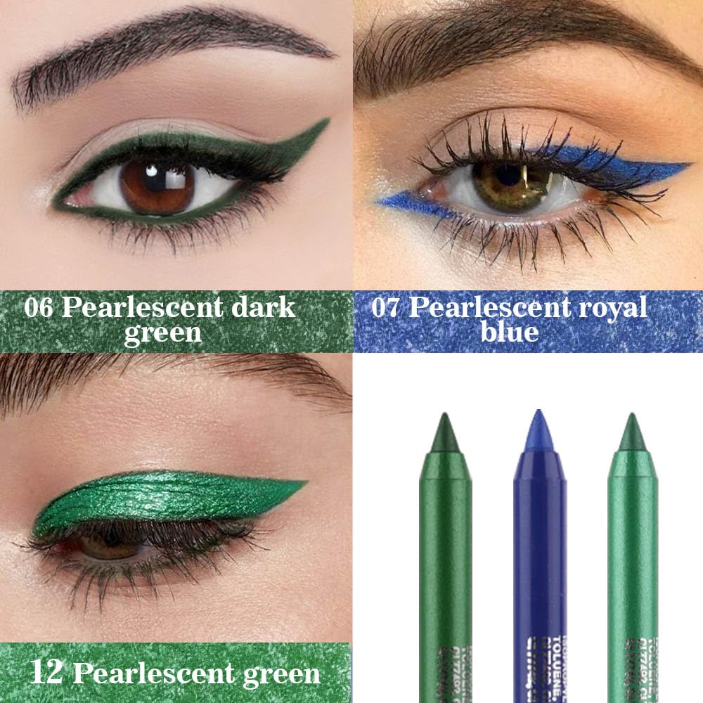 EVPCT 3Pc Shimmer Emerald Green & Shimmer Royal Blue & Green Gel Glitter Eyeliner Pencils Set - Waterproof, Smudge Proof Eye Liner Makeup - 06, 07, 12