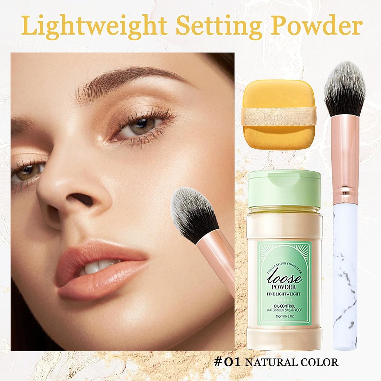 Lightweight Setting Powder,Waterproof Oil Control Translucent Face Powder,Smooth Long Lasting Matte Finish Loose Powder with Face Makeup Brush & Powder Puff（Natural Color）