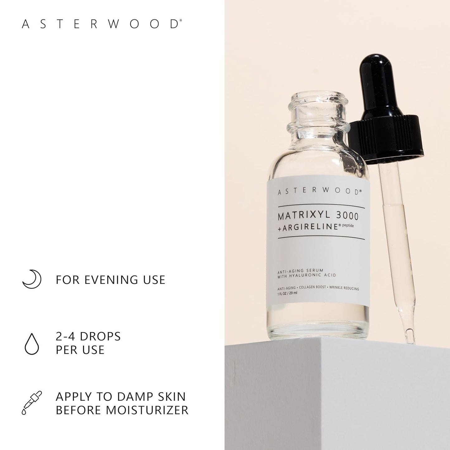 Asterwood Matrixyl 3000 + Argireline Serum for Face - Multi Peptide Serum with Hyaluronic Acid - Anti-Aging, Wrinkle Reducing, Collagen Boosting - Fragrance-Free - 8 Fl Oz