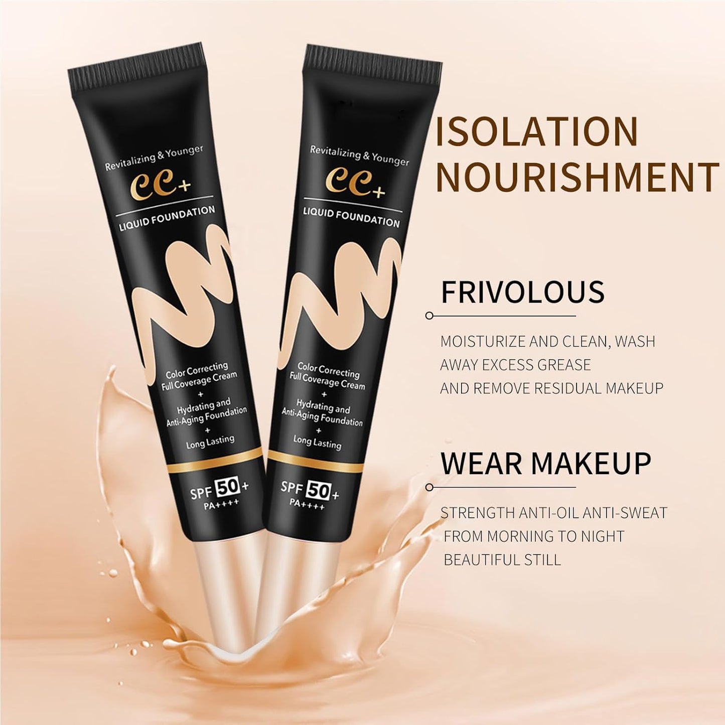 CC Color Correcting Full Coverage Cream SPF 50, CC Cream Foundation, Cover Blemish, Correcting Uneven Skin Tone, Oil Control, Lightweight Waterproof Long Lasting Hydrating CC Cream (Ivory)