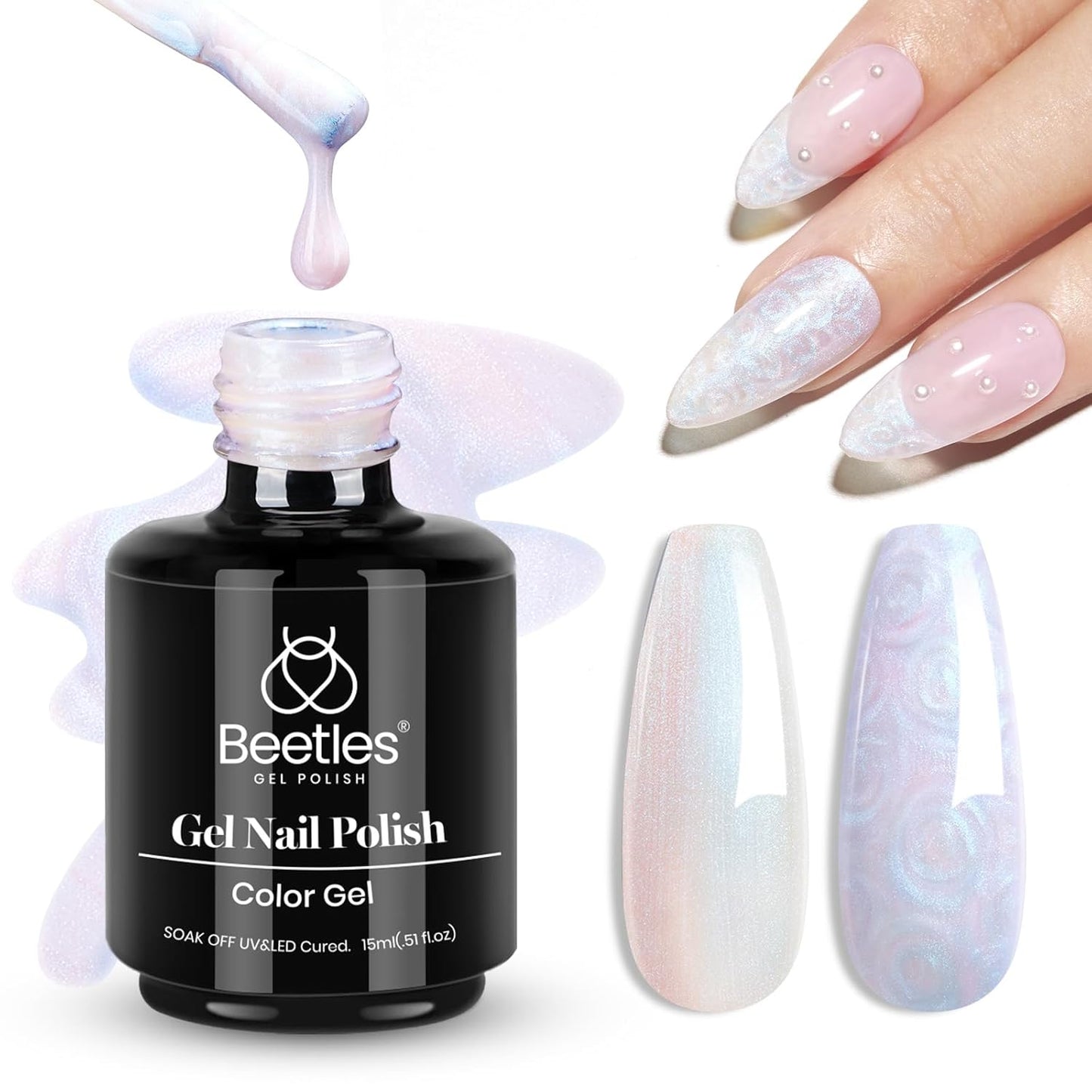 Beetles Pearl Gel Nail Polish - Swirling Clouds 15ML Pearl White Gel Polish Shimmer Mermaid Iridescent Pearlescent Nail Polish Soak Off Uv LED Lamp Need Manicure Salon DIY Nail Art Gift for Women