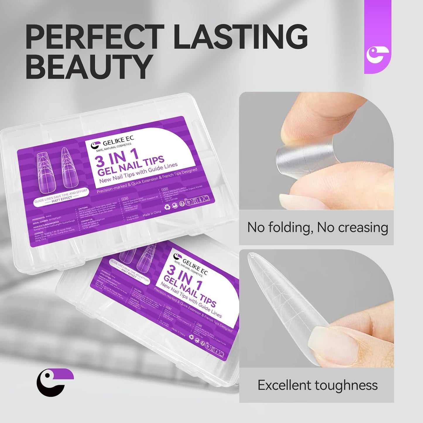 XXL Almond Gel Nail tips: 3 in 1 Gelike ec French Full Matte Guiding Line Nail Tips, Extra Long Gel Nails with Auxiliary Positioning Line, Nail Extension Tips for Beginners 84 Pcs 10 Sizes