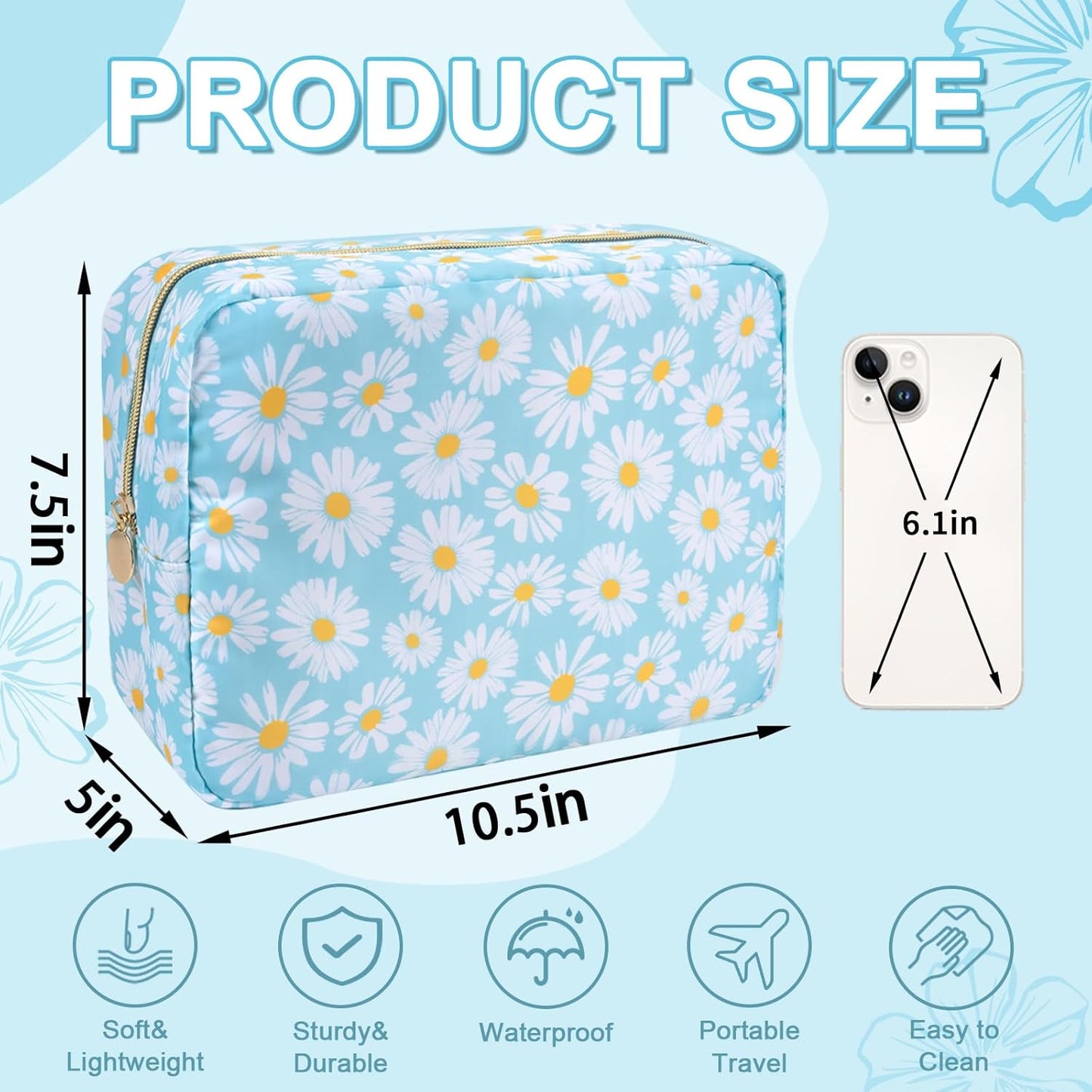 Waterproof Large Floral Makeup Pouch,Nylon Travel Toiletry Storage Purse Preppy Cosmetic Bag for Women Girl,Large Capacity Makeup Organizer Zipper Pouch for Work(L Blue-Daisy)