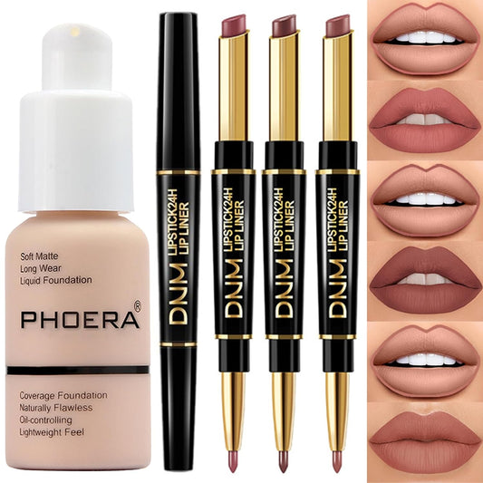 PHOERA Foundation Full Coverage,3Pcs Lip Liner and Lipstick Set Chestnut Nude Brown for Matte Finish, PHOERA Makeup Wrinkles Matte Natural Finish for a Flawless Complexion(101- Porcelain+Lip SetA)