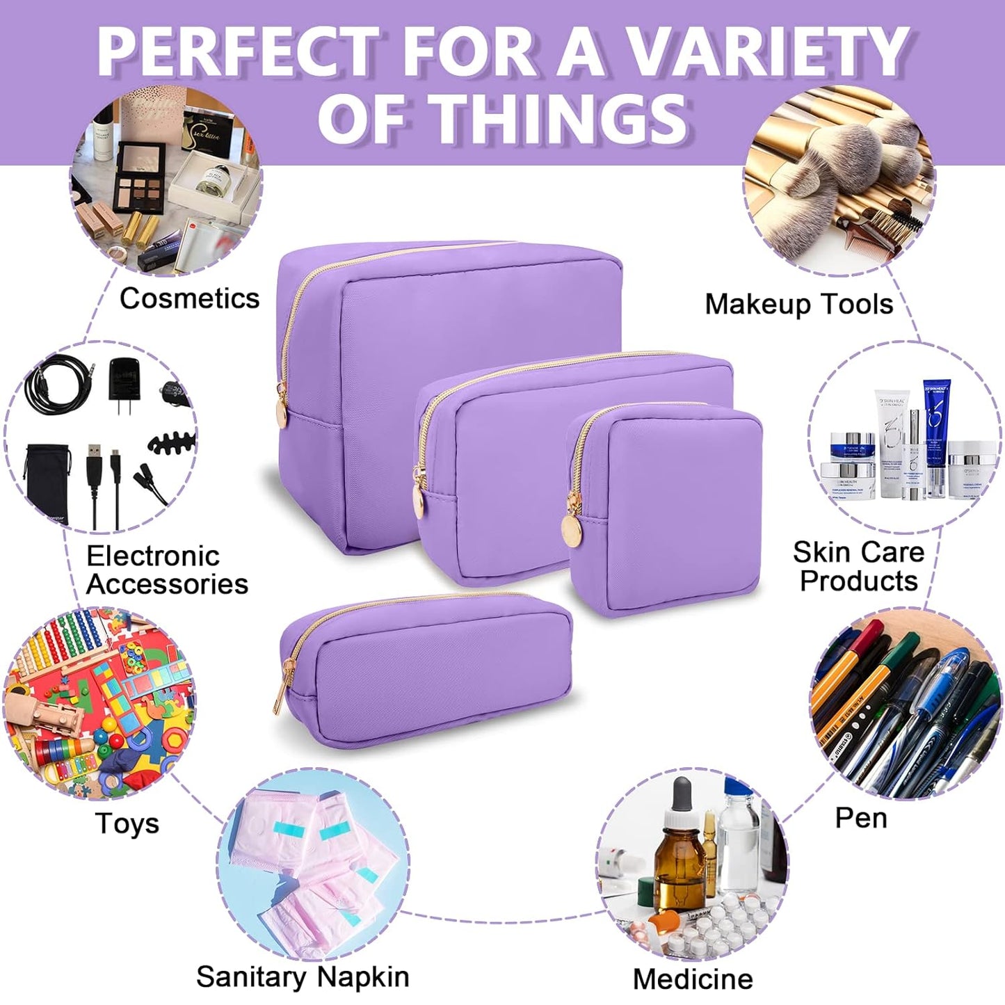 Large Makeup Bag Pouch,Nylon Women Travel Toiletry Storage Bag Preppy Cosmetic Bag for Girls,Big Makeup Organizer Bag Cute Zipper Pouch Skincare Bag for Sport Work Gift(Large-Purple)
