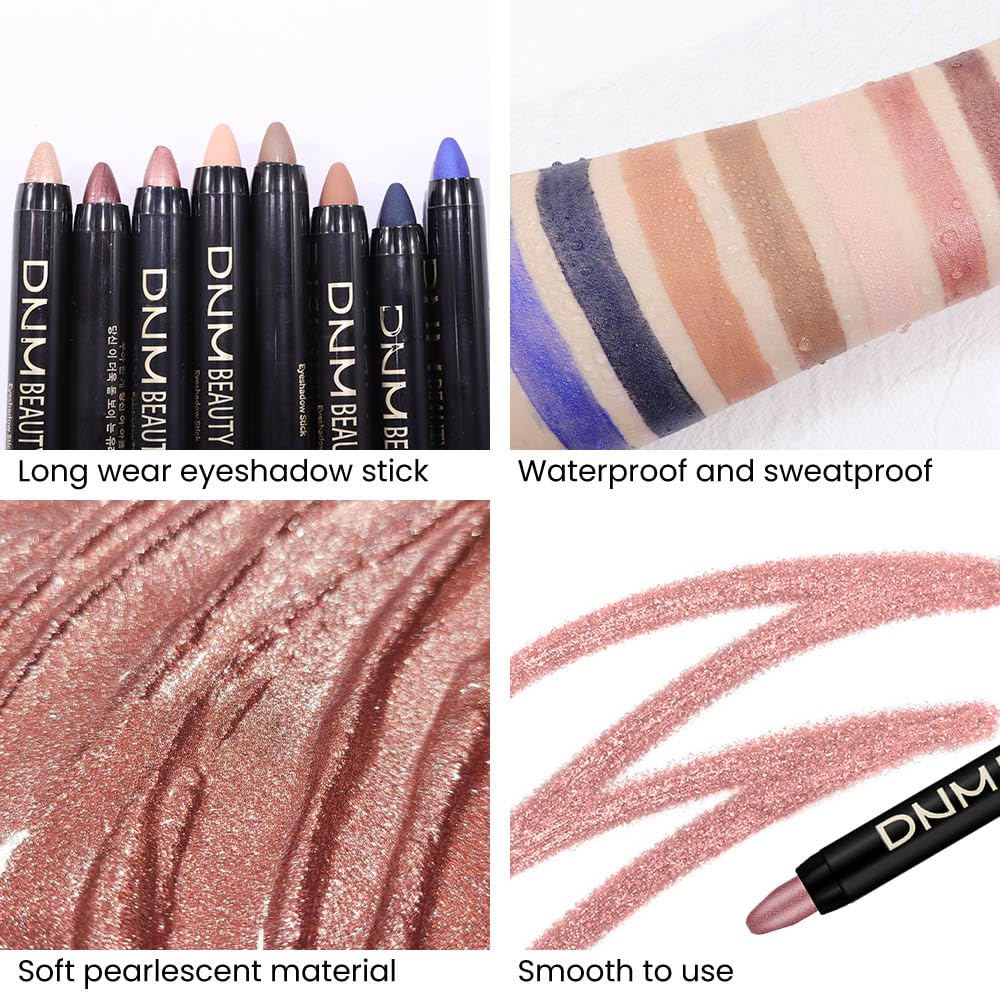 evpct 8Pcs Cream Eye Shadow Brightener Sticks Set for Eyes, Sand Orchid Rose Desert Ginger Caramel Midnight blue Blue Glitter Shimmer Matte Liquid Pencil Eye shadow Applicator Stick Palette Makeup 04