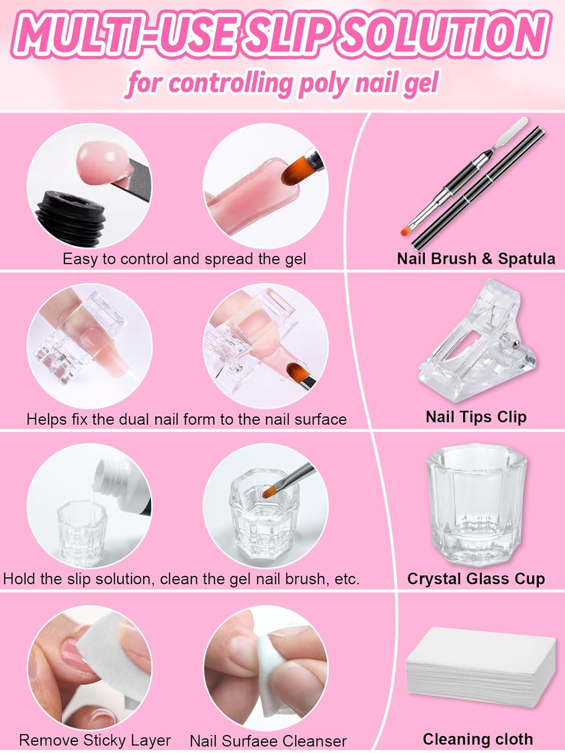 EBANKU Poly Gel Slip Solution for Nails - Anti-Stick Slip Solution for Builder Gel Nails, Brush Clean Liquid with Dual-Ended Nail Brush, 3PCS Nail Clips for Beginners & Home Salon, 2.5oz