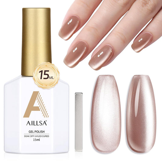 AILLSA Cat Eye Gel Nail Polish Nude Glitter Crystal Polish with Magnet, Jelly Glass Holographic Nail Polish Pearl Shimmer Reflective Translucent Color U V Gel Salon DIY at Home 0.5 OZ GF30