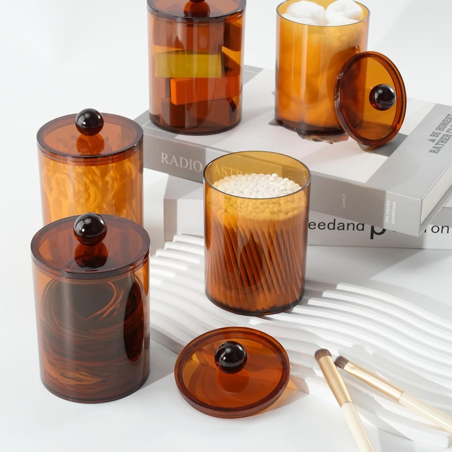 4 Pack Qtip Holder,Canister Apothecary Jar Set, Bathroom Jars with Lids Set for Cotton Swabs, Balls, Pads, Floss Picks,10oz-12oz Plastic Canisters Restroom Bedroom Vanity Organizer(Brown)