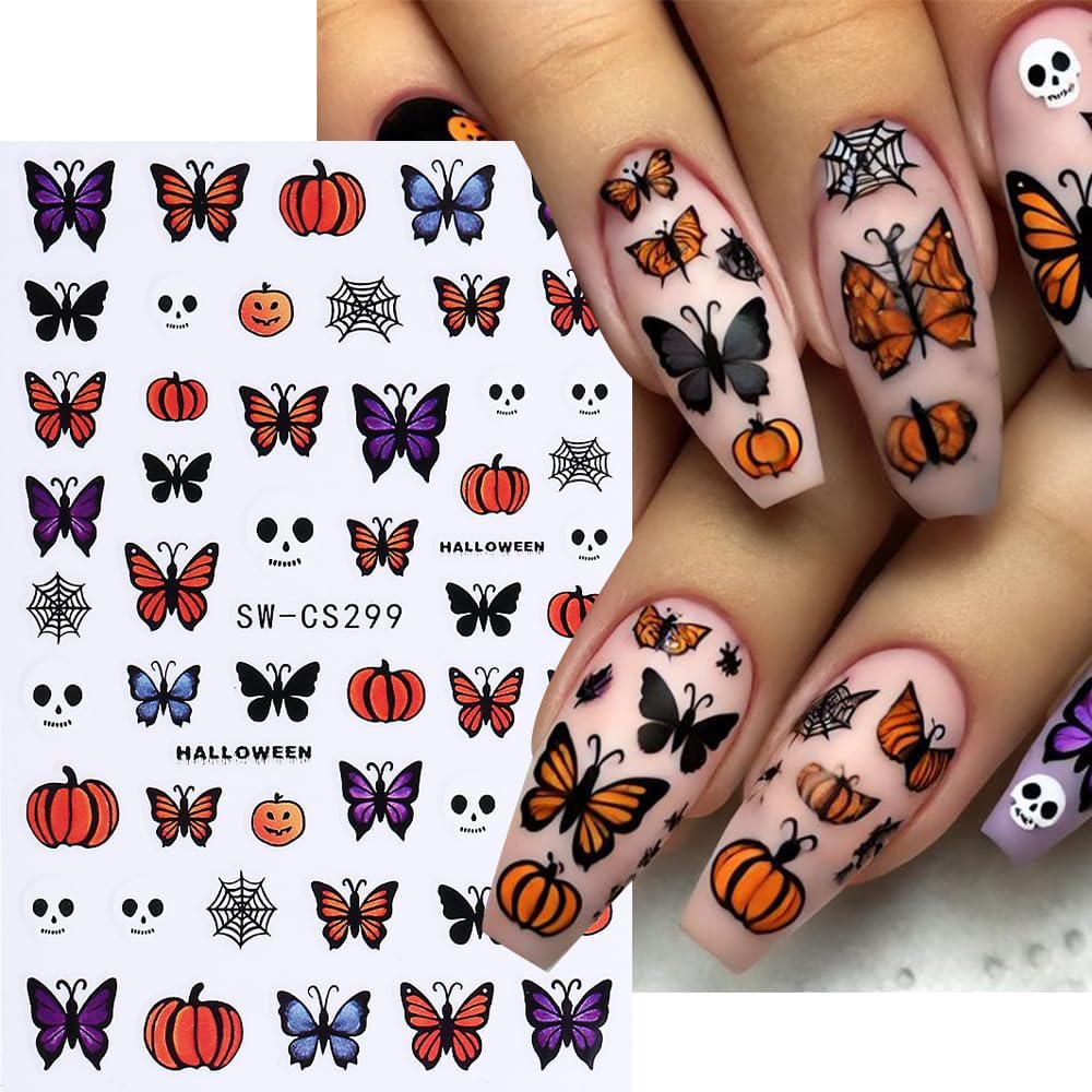 Halloween Nail Art Stickers Ghost Nail Decals 3D Horror Ghost Skull Spider Web Bat Pumpkin Butterfly Self-Adhesive Decals Designs Halloween Nail Supplies for Women Manicure Decorations 3 Sheets