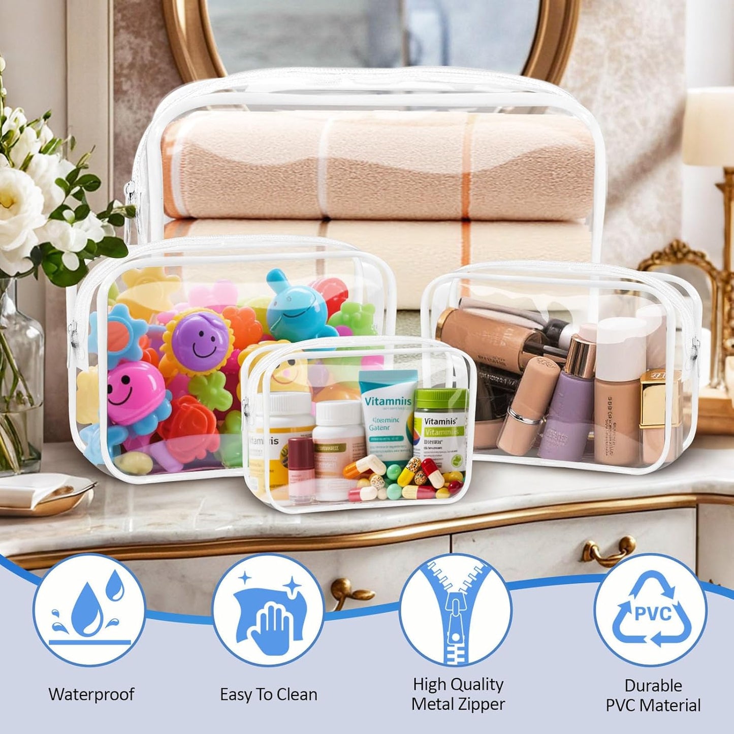 Clear Makeup Bags Plastic Cosmetic Bag TAS Toiletry Bag for Travelling PVC Clear Pouch Organizer Bag for Women (4, white, Multisize)