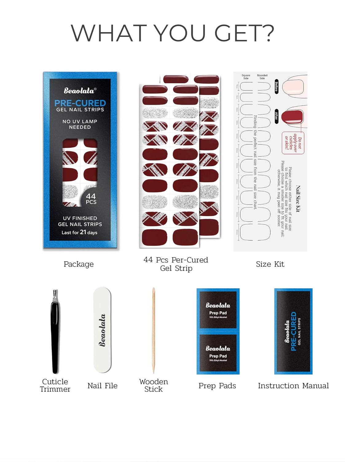 Pre Cured Gel Nail Strips - 44PCS Salon Quality Gel Nail Stickers - Long Lasting Polish Wraps for Women no UV Light Needed Easy Apply& Remove (Cocoa Brown）