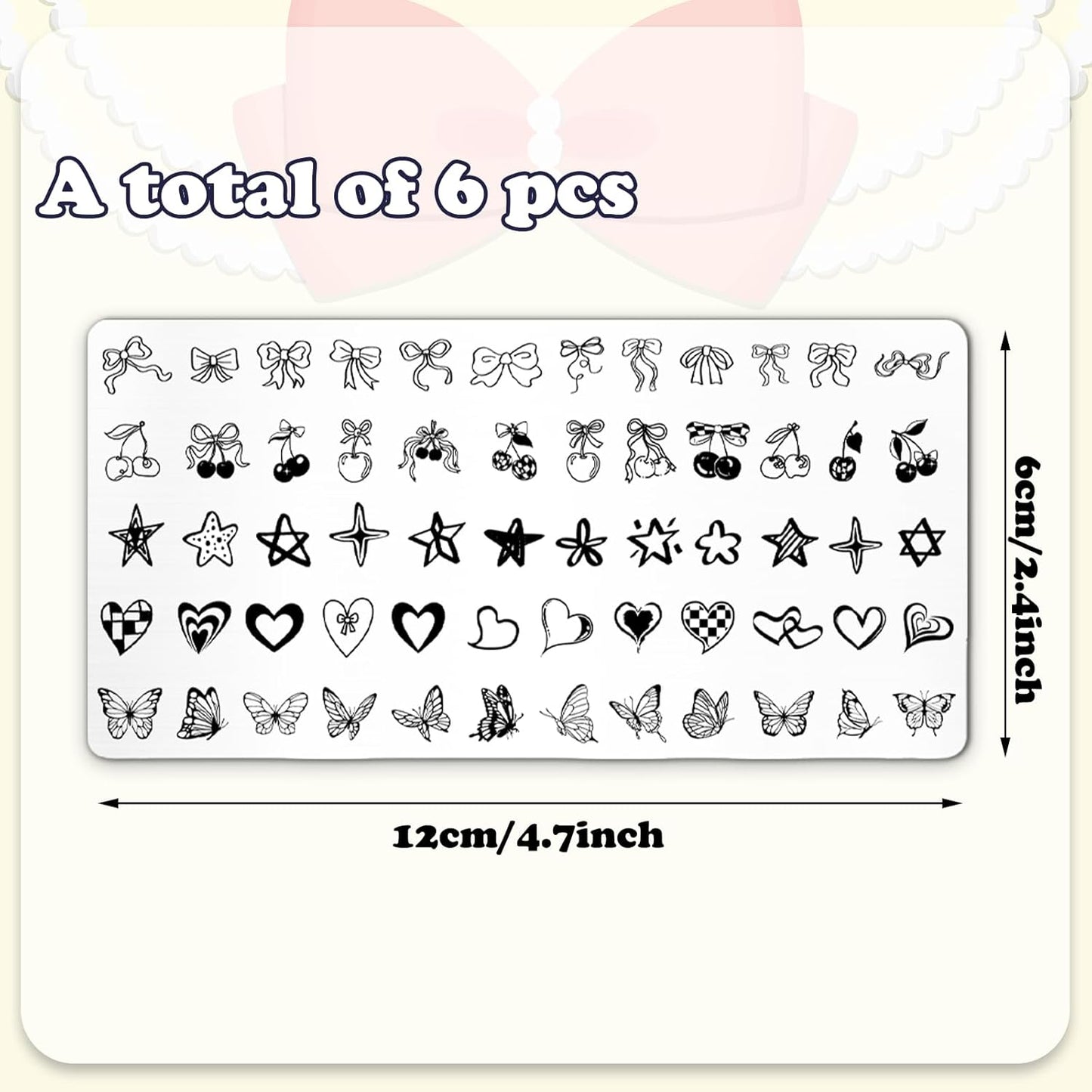 Whaline 6Pcs Coquette Nail Plates Stamping Set Bow Cherry Heart Stamp Templates Nail Art Plates for DIY Print Manicure Salon Design