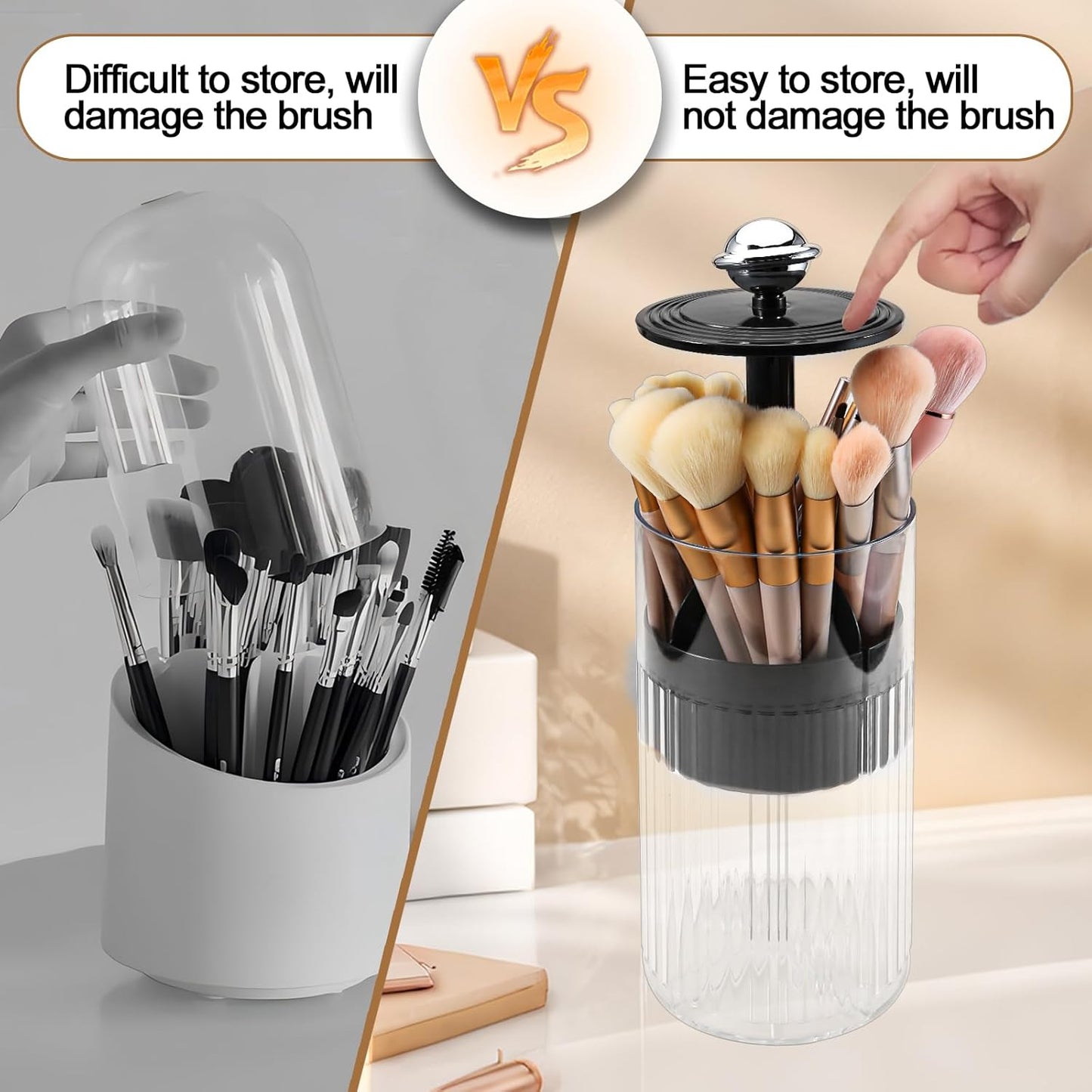 DASITON Makeup Brush Holder with Lid, Automatic Lifting Makeup Organizer for Vanity, 4 Slots Clear Makeup Brush Organizer, Dustproof Cosmetic Brushes Storage for Bathroom, Desktop, Office (Black)