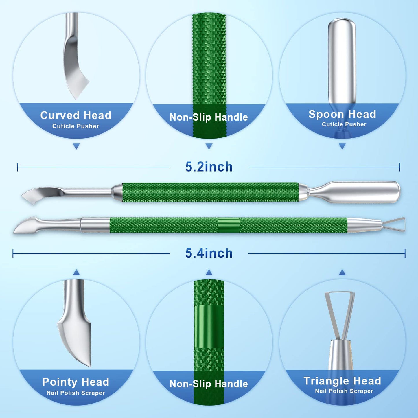 2PCS Metal Dark Green Cuticle Pusher and Cutter Remover Salon Quality Stainless Steel Gel Nail Polish Peeler Scraper Durable Manicure and Pedicure Cleaner Tool For Fingernail and Toenail