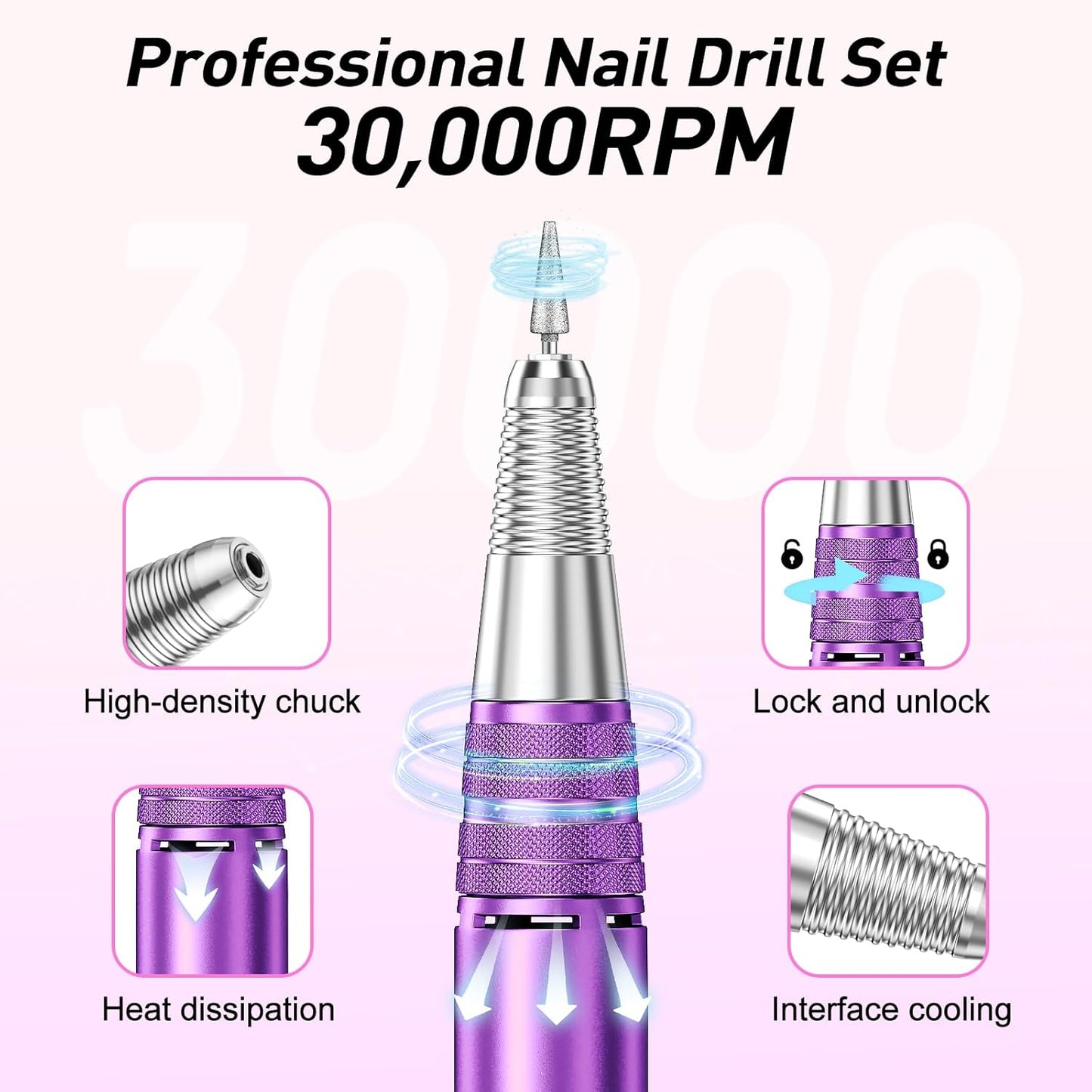 JIASHENG Professional Nail Drill, 30000rpm Electric Nail Drill Machine, Electric Nail File Drills for Acrylic Nails Kit Gel Nails Manicure Pedicure Tools, Purple