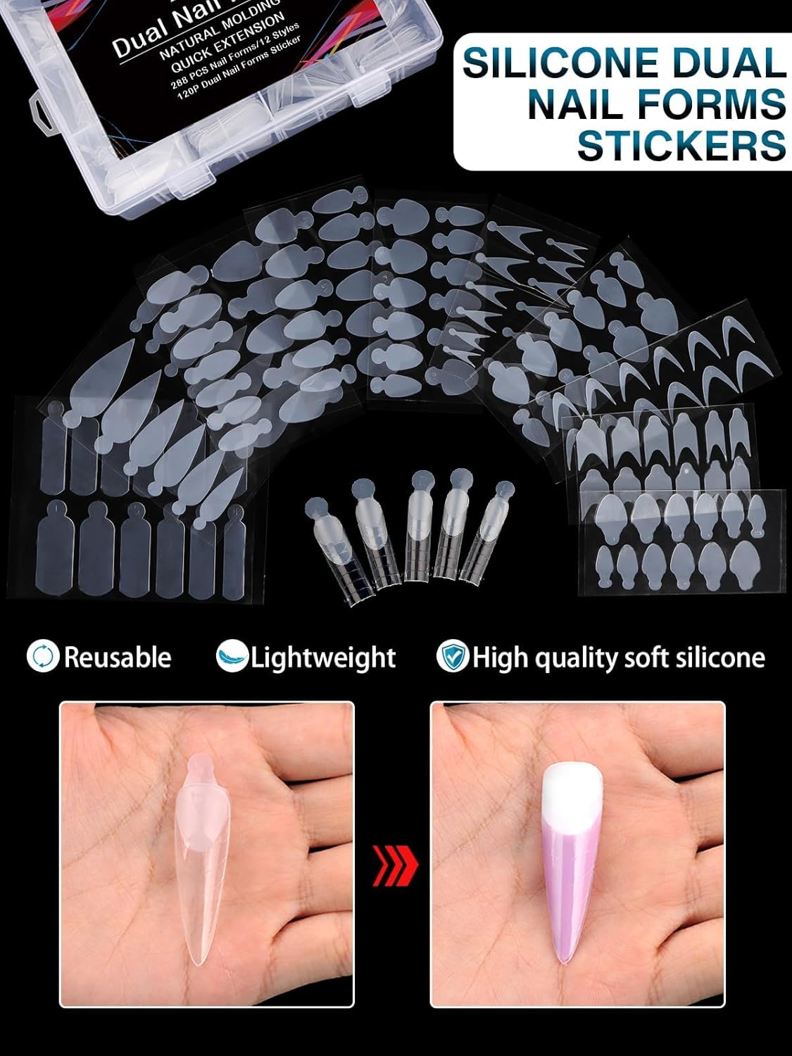 TOROKOM 288PCS Nail Dual Forms for French Nails, Dual Nail Forms Molds Acrylic Nail Tips, 144PCS Duet System Dual Forms Sticker Silicone Reusable Pads, 12 Styles Scale for Manicure Extension, Clear