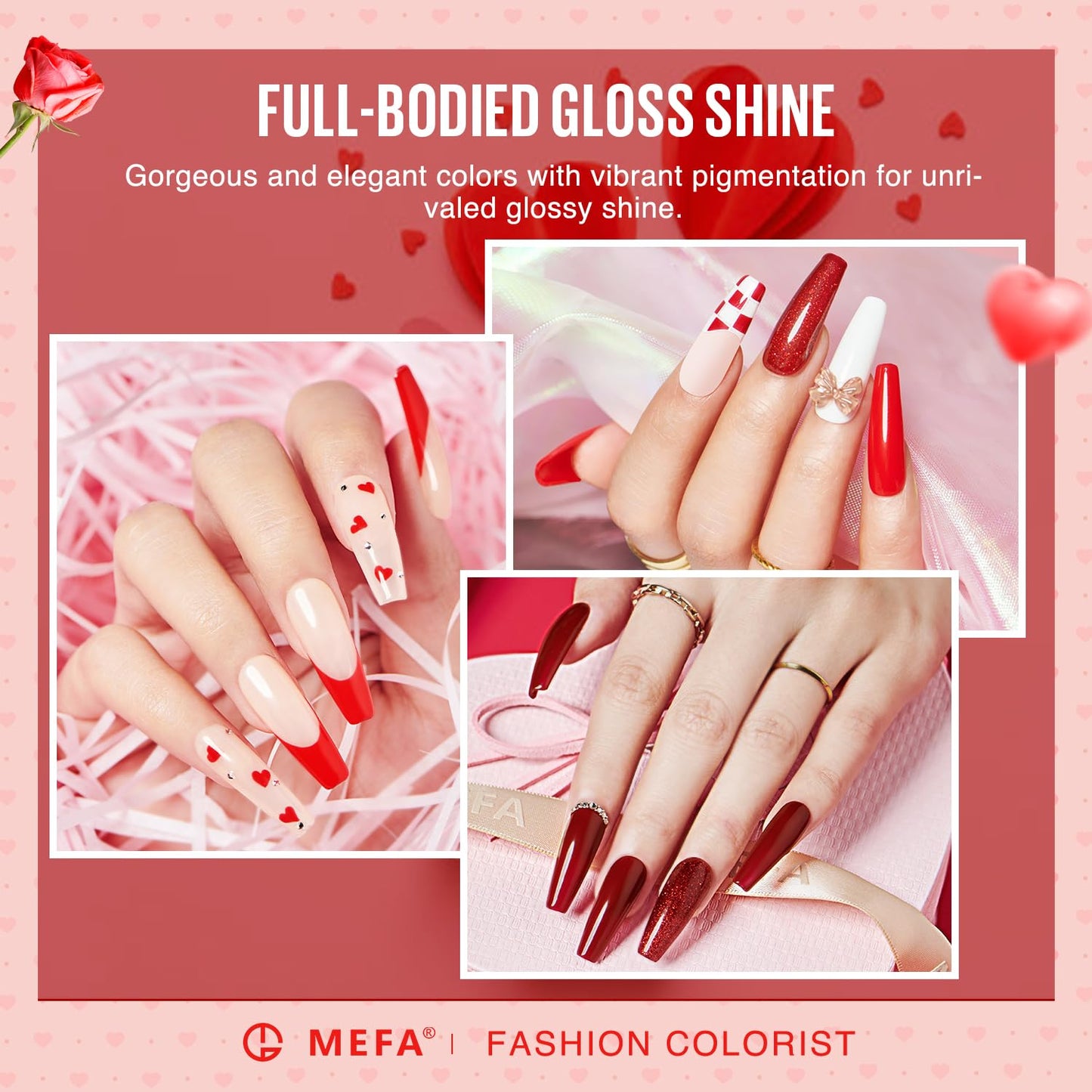 MEFA 6 Colors Red Gel Nail Polish Set, Fall Winter Christmas Glitter Shades Sparkle Silver Champagne Love Times Tones Salon Decorations Nail Art Design at Home Manicure DIY Kit Gifts for Women Girl