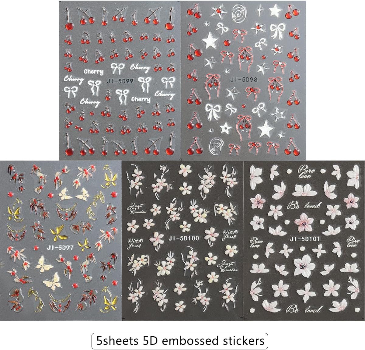 Cherry Nail Stickers 5 Sheets Cherry Blossom Nail Decals Spring Summer Fruits Nail Decoration 5D Embossed Stickers for Nail Art Bows Stars Butterfly Flowers Nail Stickers Manicure Supplies