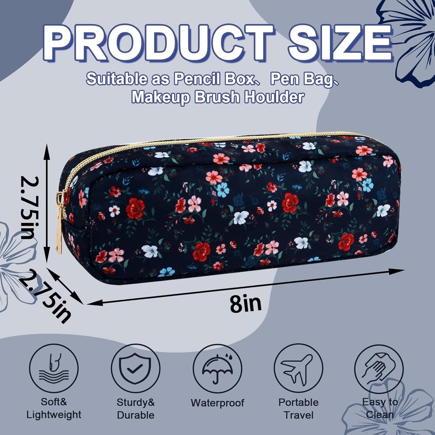 Waterproof Small Floral Pencil Case Makeup Bag for Purse,Cute Flower Pencil Pouch Preppy Nylon Makeup Brush Holder with Zipper,Girls Portable Storage Case Pen Bag for Work(Slim Black-Flowers)