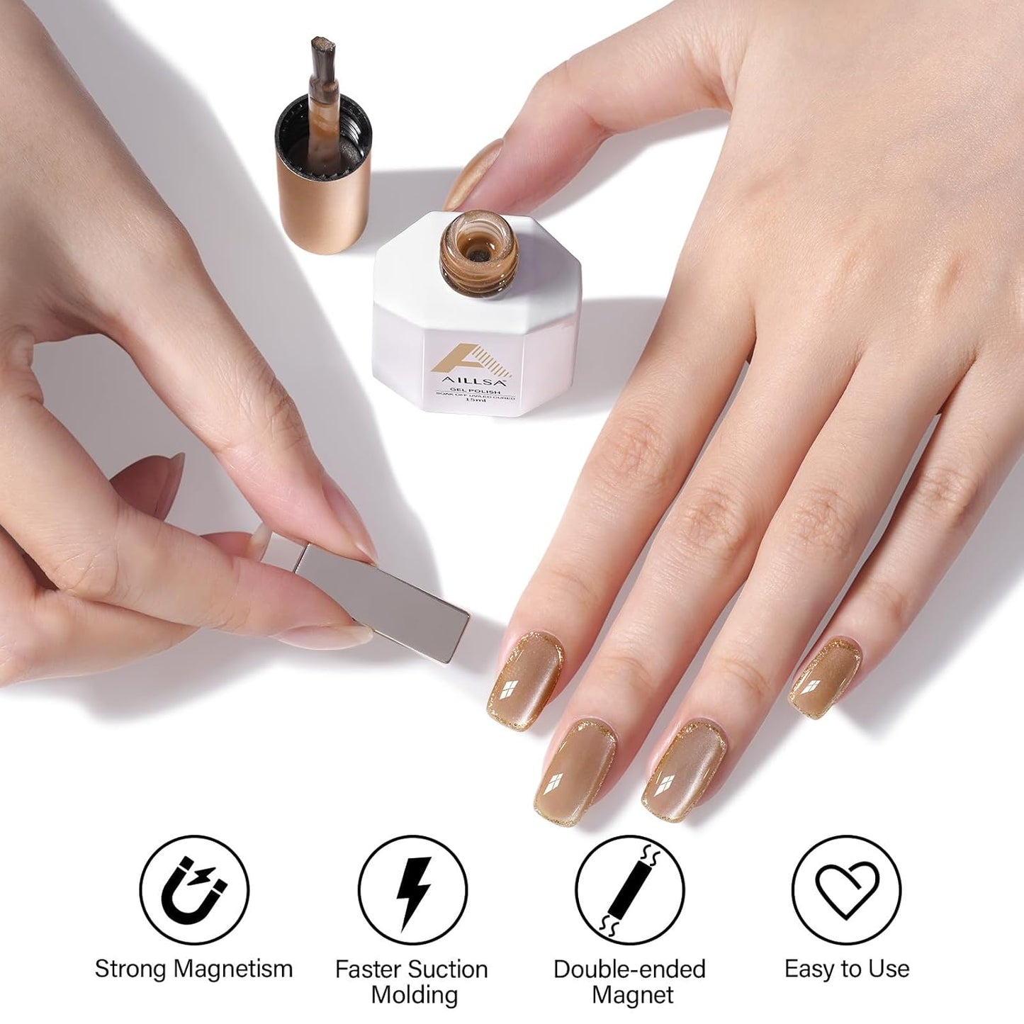 AILLSA Cat Eye Gel Nail Polish Champagne Gold Crystal Polish with Magnet, Jelly Glitter Glass Nail Polish Reflective Sparkle Translucent Shimmer Color U V Gel Salon DIY at Home 0.5 OZ GF29