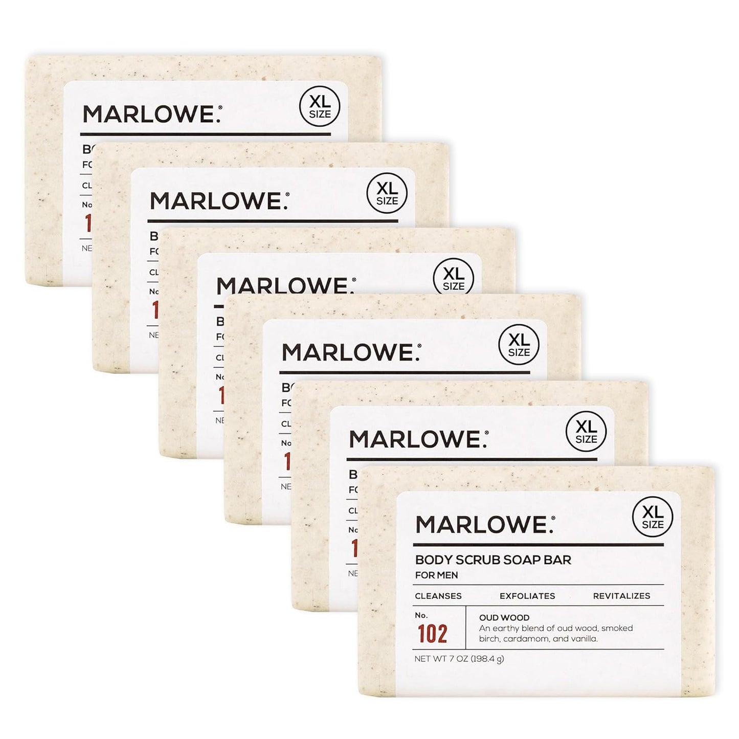 MARLOWE. No. 102 Body Scrub Soap 7 oz (6 Bars), Oud Wood, Exfoliating Soap Bar with Shea Butter, Olive Oil & Green Tea Extracts, Cleanses, Smooths & Revitalizes Skin, Earthy & Smoky Scent
