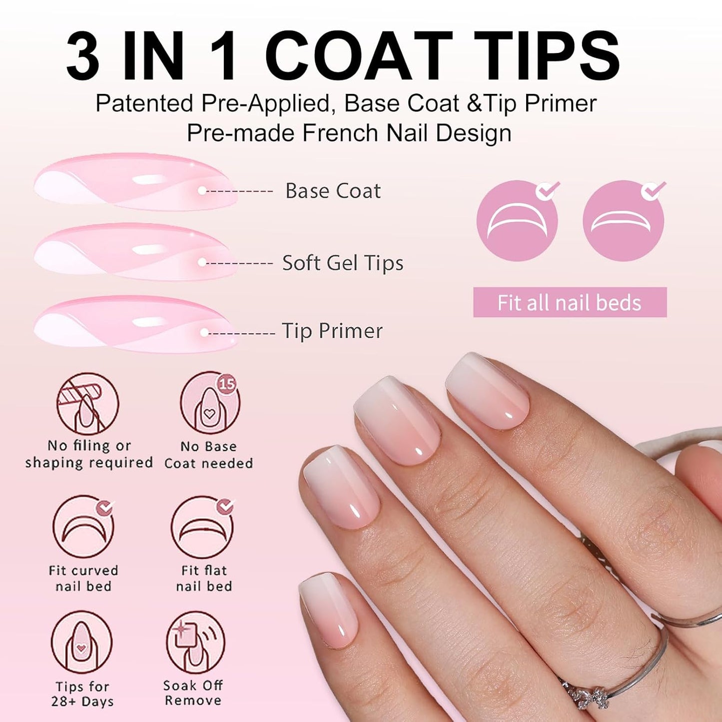Ombre Press On Nails - 240Pcs Square Short Press on Nails, White Nail Tips Pink White Gradient Soft Gel False Nail Tips Salon Perfect Fake Nails Kit Extensions DIY (Extra Short Square)