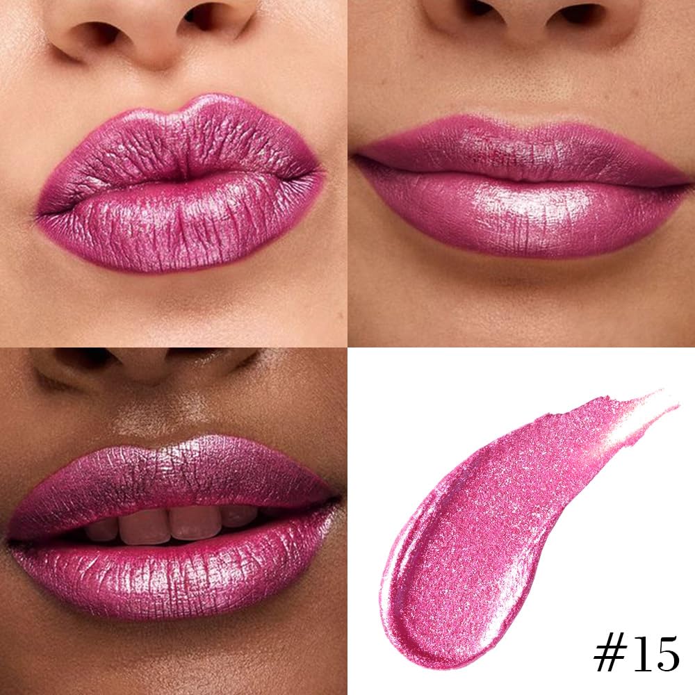 Kaely 2-in-1 Rose Metallic Lipstick and Lip Liner, Shimmer Liquid Metallic Lipsticks for Women, Glitter Lip Gloss Stain Long Lasting Waterproof Smudge Proof 24 Hour, Vegan Makeup, 15