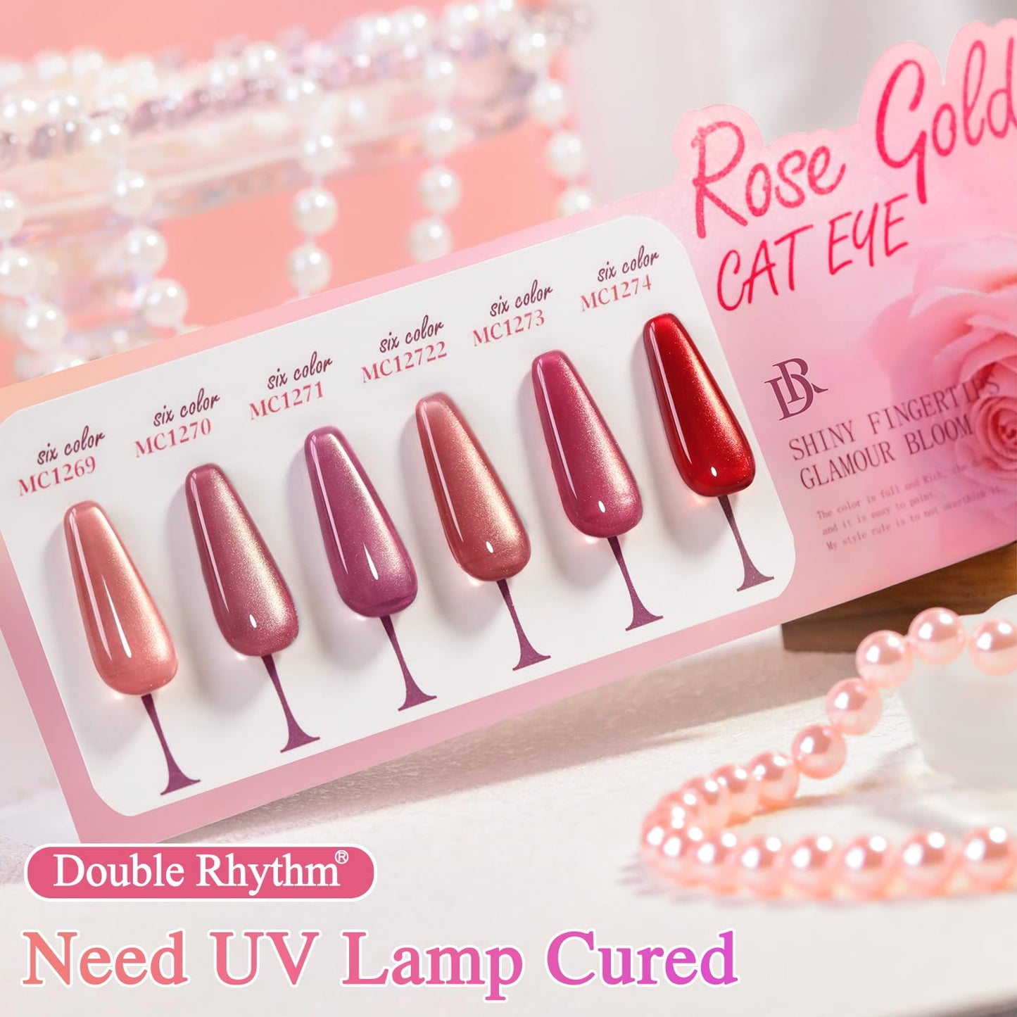 Double Rhythm Cat Eye Gel Nail Polish Set of 6 Same Color Same Bottle 0.5 Oz Shimmer Glitter with Magnet Holographic Reflective Magnetic UV Nail Polish Kit at Home (Golden Rose Pink-T6-60)